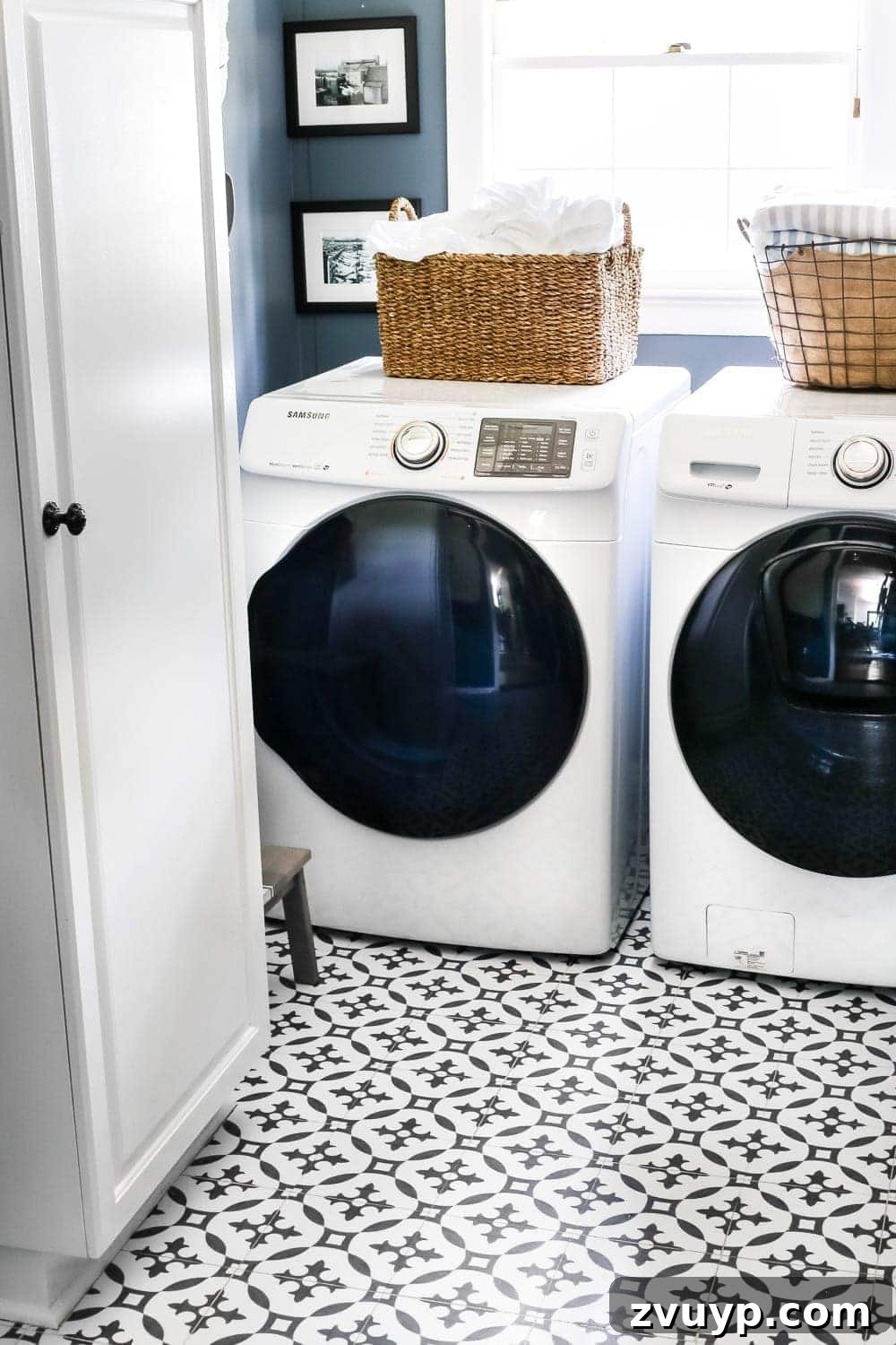 Moroccan Vinyl Tile Floor DIY 12 Final stunning look of the laundry room floor with installed Moroccan peel and stick vinyl tiles.