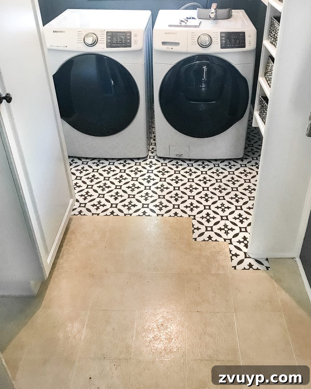 Moroccan Vinyl Tile Floor DIY 8 The newly installed Moroccan peel and stick vinyl tile floor, showcasing the rapid transformation of the laundry room.
