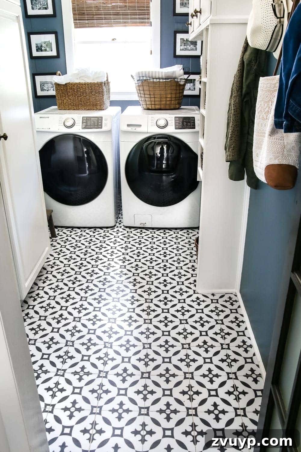 Moroccan Vinyl Tile Floor DIY 10 Finished Moroccan peel and stick vinyl tile floor in a bright and clean laundry room.