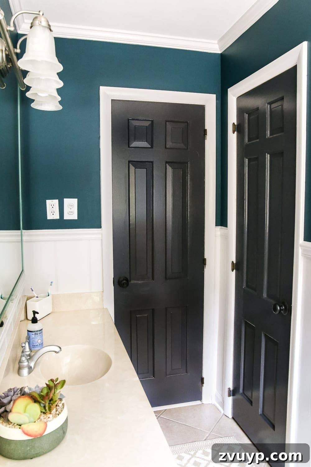 Serene Teal Bathroom Transformation 5 After image of the teal bathroom makeover, showing the dramatic color change.