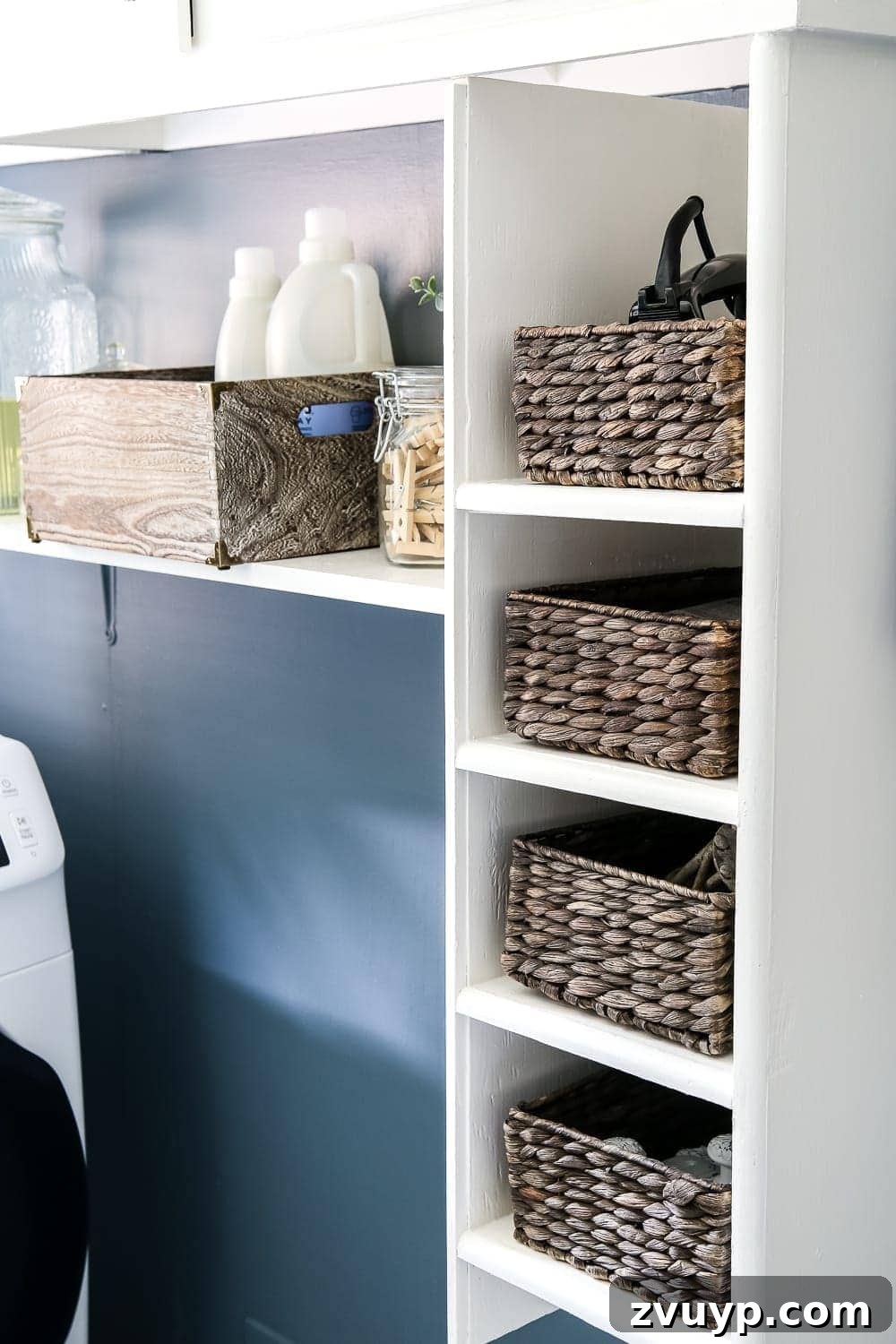 7 Brilliant Laundry Room Organizing Hacks 6 Decorated Laundry Room Shelves with Water Hyacinth Baskets for Organization