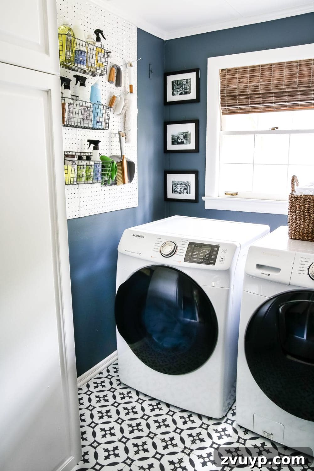 High Contrast Laundry Room: A Bold Statement Unveiled 12 High Contrast Laundry Room Makeover | blesserhouse.com - A dingy and dated laundry room gets a high contrast navy and white makeover packed with organizational strategies and budget-conscious DIY projects.