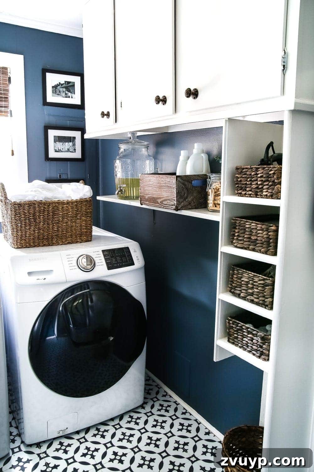 High Contrast Laundry Room: A Bold Statement Unveiled 15 High Contrast Laundry Room Makeover | blesserhouse.com - A dingy and dated laundry room gets a high contrast navy and white makeover packed with organizational strategies and budget-conscious DIY projects.