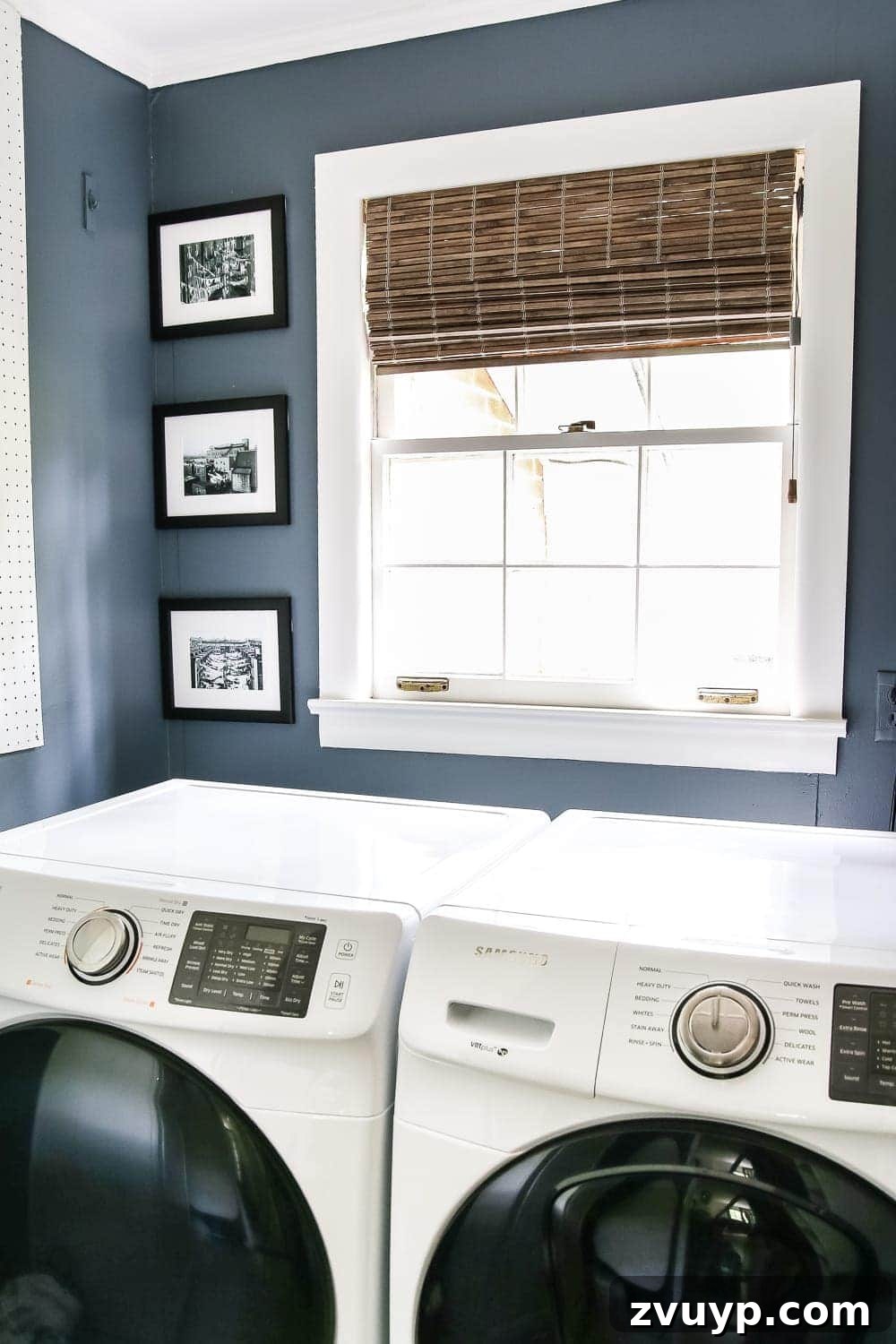 High Contrast Laundry Room: A Bold Statement Unveiled 23 High Contrast Laundry Room Makeover | blesserhouse.com - A dingy and dated laundry room gets a high contrast navy and white makeover packed with organizational strategies and budget-conscious DIY projects.