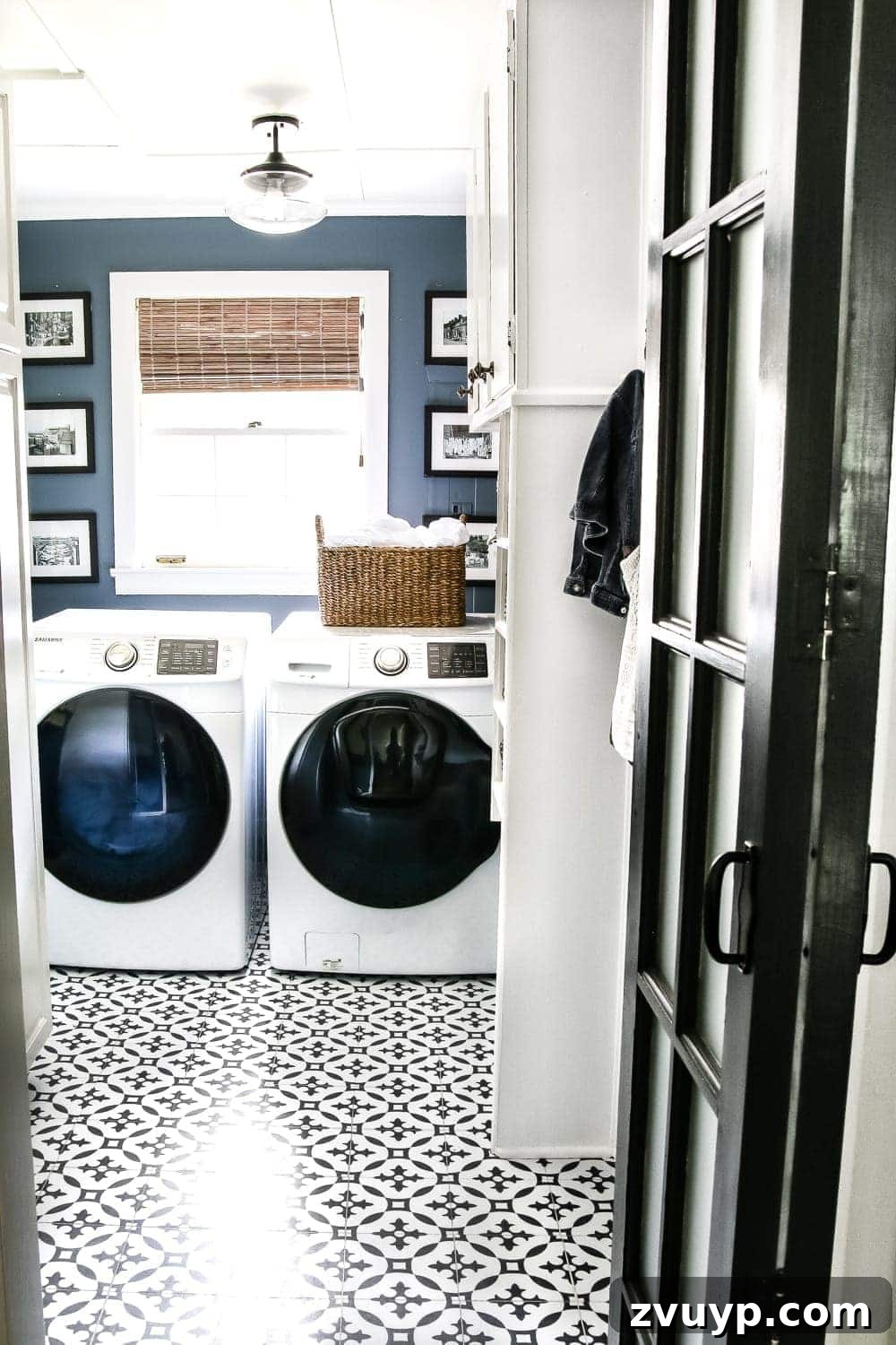 High Contrast Laundry Room: A Bold Statement Unveiled 24 High Contrast Laundry Room Makeover | blesserhouse.com - A dingy and dated laundry room gets a high contrast navy and white makeover packed with organizational strategies and budget-conscious DIY projects.