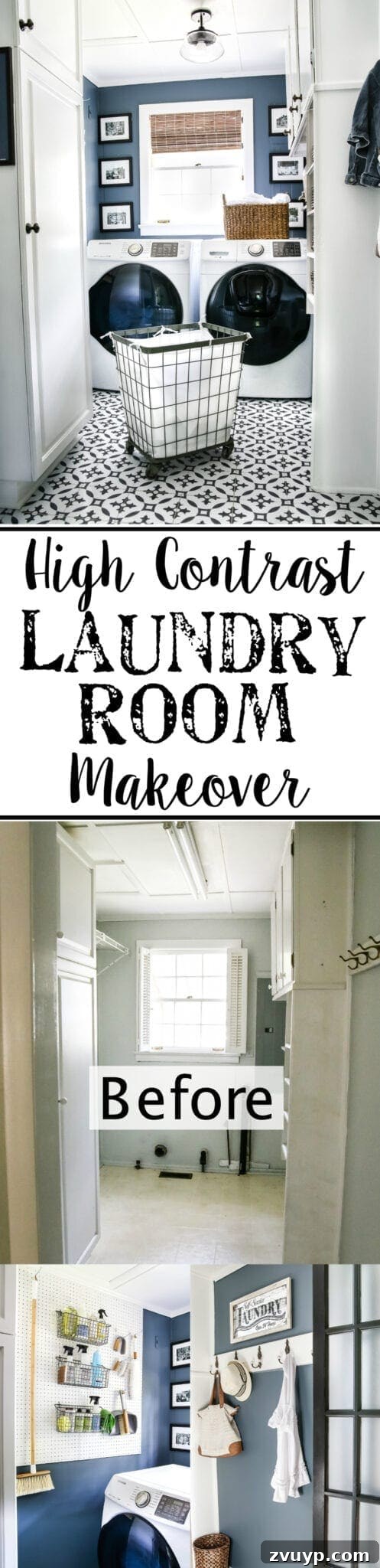 High Contrast Laundry Room: A Bold Statement Unveiled 25 High Contrast Laundry Room Makeover | blesserhouse.com - A dingy and dated laundry room gets a high contrast navy and white makeover packed with organizational strategies and budget-conscious DIY projects.
