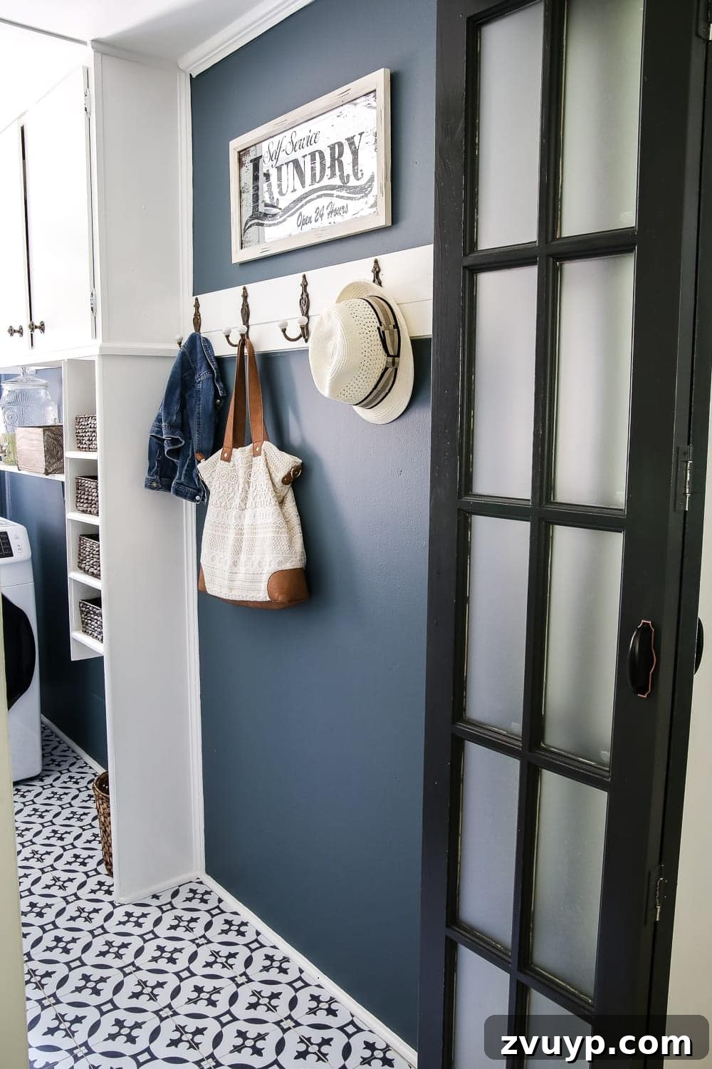 High Contrast Laundry Room: A Bold Statement Unveiled 7 High Contrast Laundry Room Makeover | blesserhouse.com - A dingy and dated laundry room gets a high contrast navy and white makeover packed with organizational strategies and budget-conscious DIY projects.