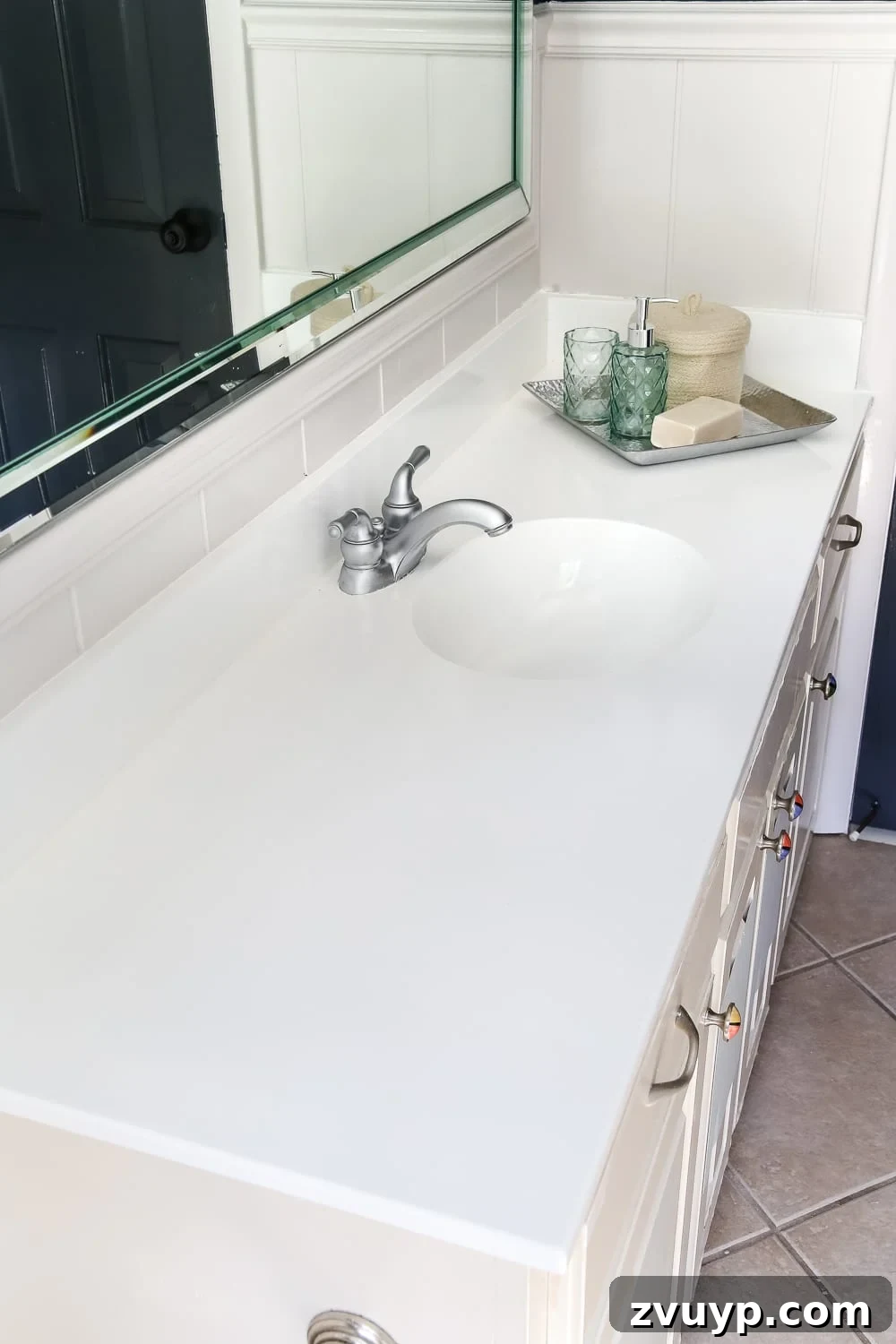 Painted Bathroom Countertop Revival 22 Painting an old countertop white with Rustoleum tub and tile refinishing kit