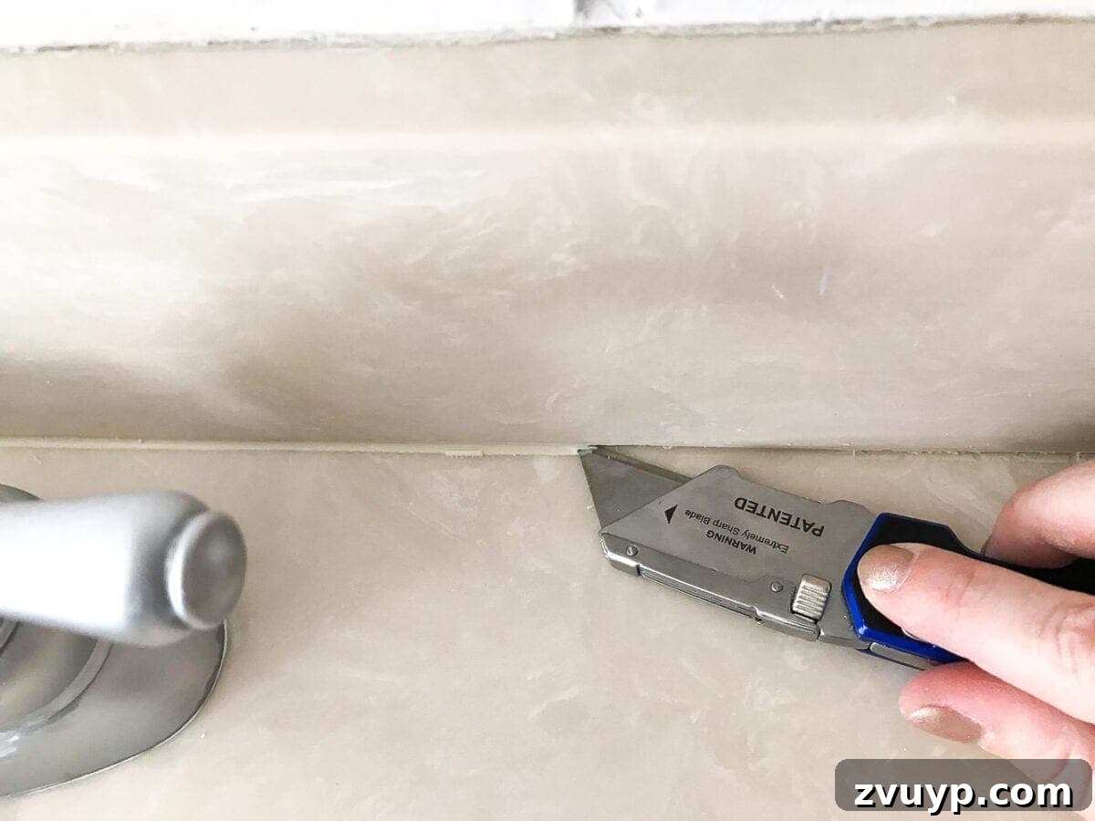 Painted Bathroom Countertop Revival 9 Scraping away old caulk before painting a countertop