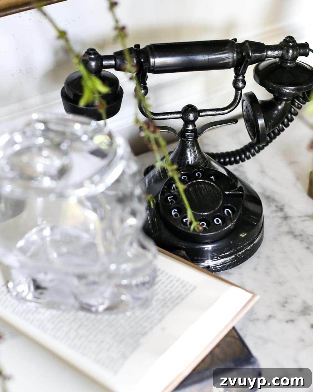 Marbled Wonders for a Haunted Welcome 13 Close-up of a realistic antique-style plastic phone prop for Halloween decor