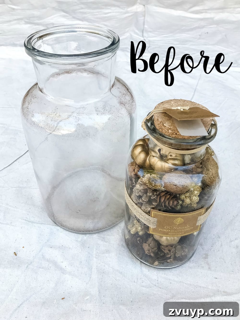 Marbled Wonders for a Haunted Welcome 3 Before and after of jars for DIY Marbled Vases, with original potpourri