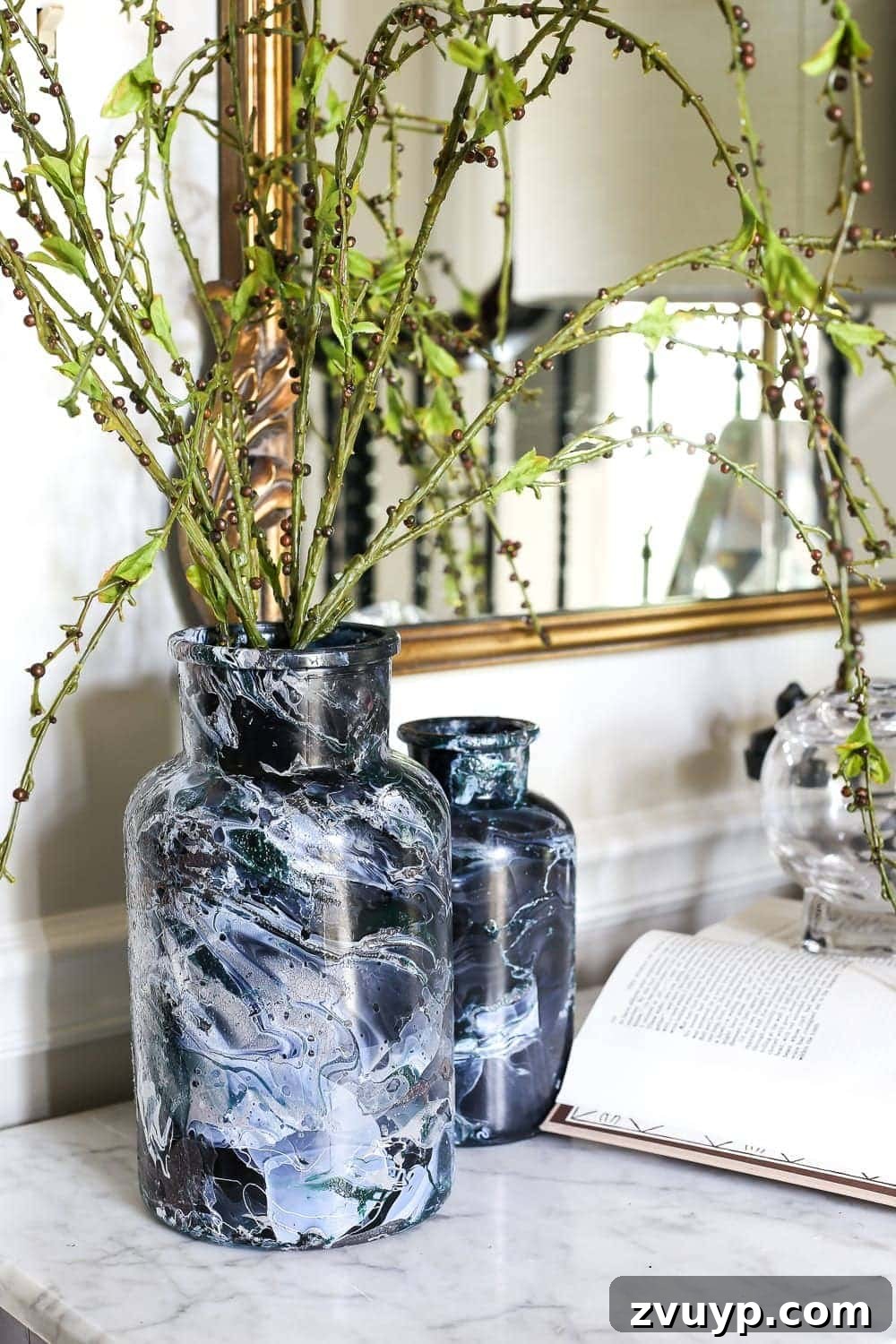 Marbled Wonders for a Haunted Welcome 9 Close-up of DIY Marbled Vases on a decorated Halloween entryway console