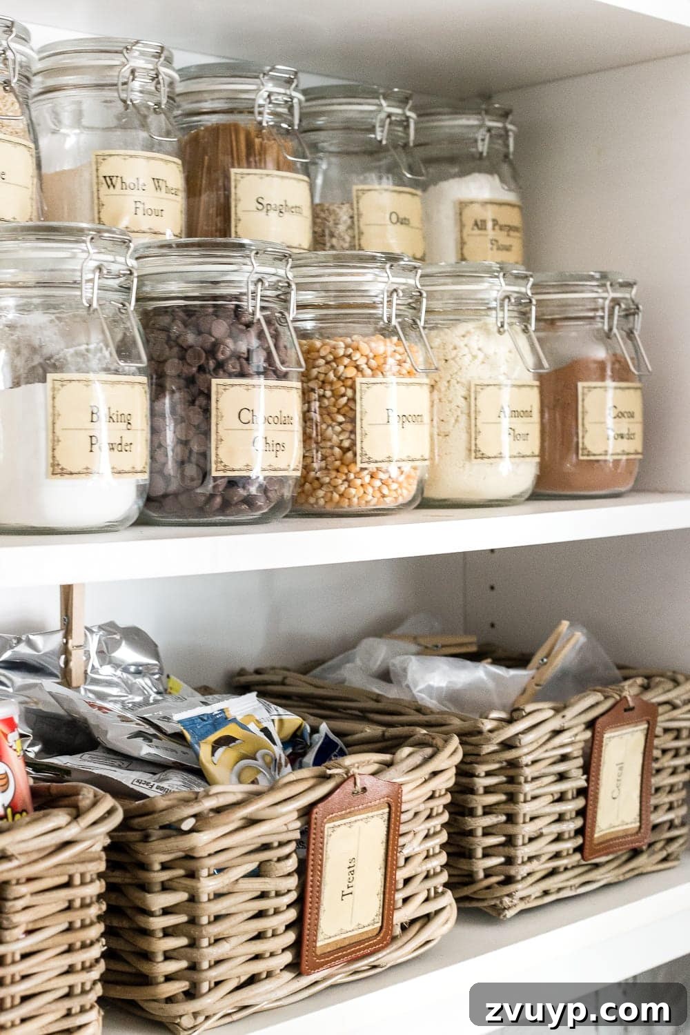 Pantry Perfection: Smart Organization & Custom Labels 10 Pantry Cabinet Organization and Free Printable Label Set | blesserhouse.com - A cabinet gets a drastic organization makeover using inexpensive IKEA jars / baskets, hanging storage, and a free pantry label printable set. #organization