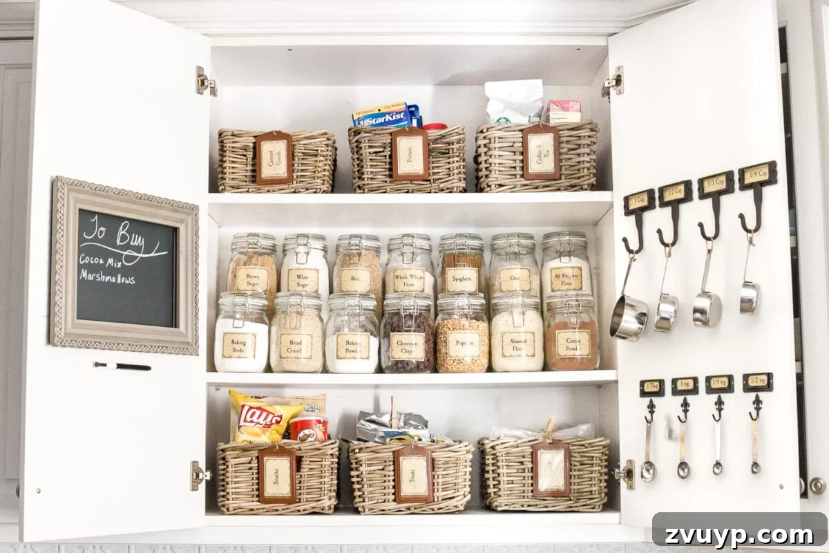 Pantry Perfection: Smart Organization & Custom Labels 7 Pantry Cabinet Organization and Free Printable Label Set | blesserhouse.com - A cabinet gets a drastic organization makeover using inexpensive IKEA jars / baskets, hanging storage, and a free pantry label printable set. #organization