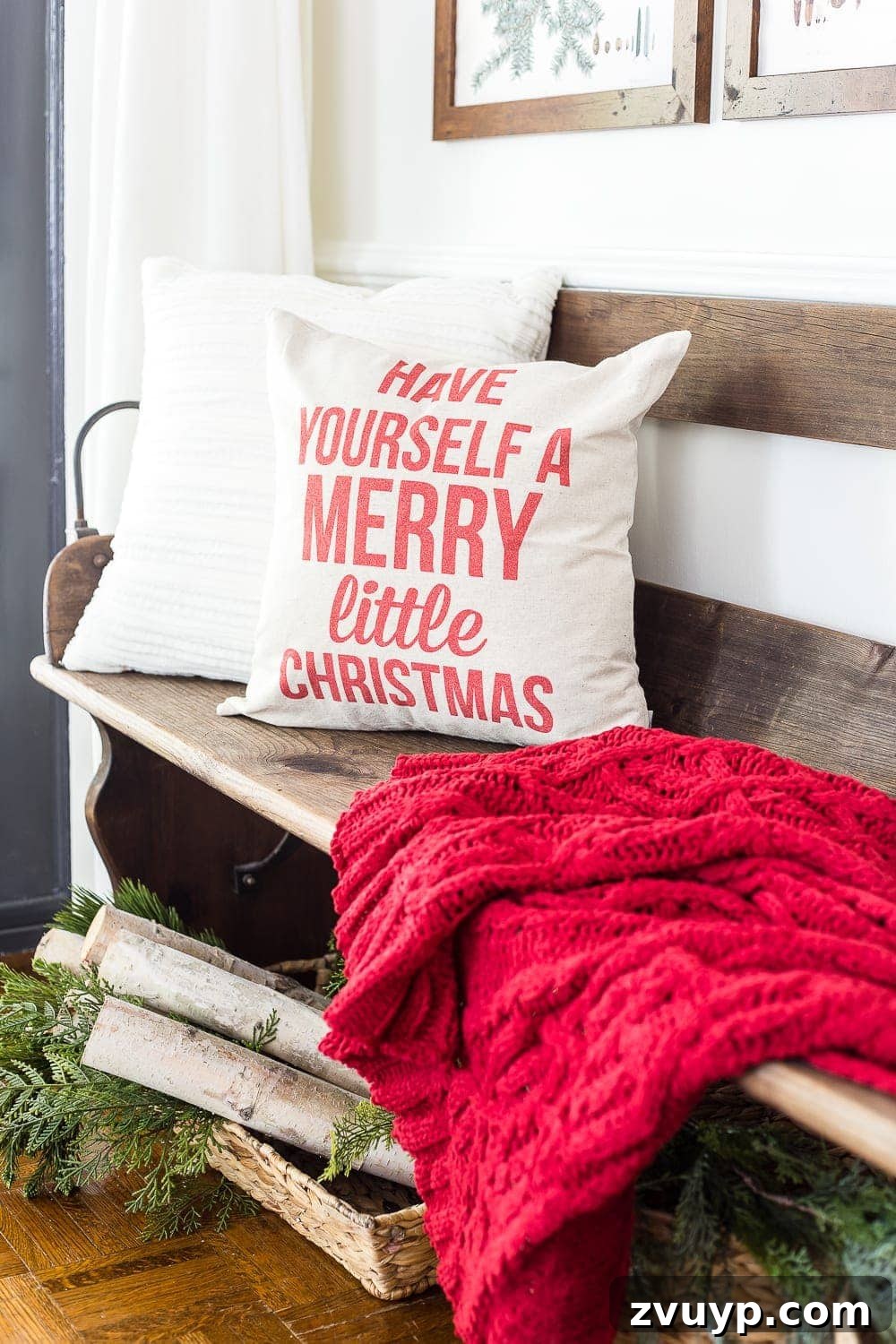 Snow-Kissed Botanical Gallery Prints 6 Stylish Christmas Entryway Decor with Neutral Tones and Red Accents