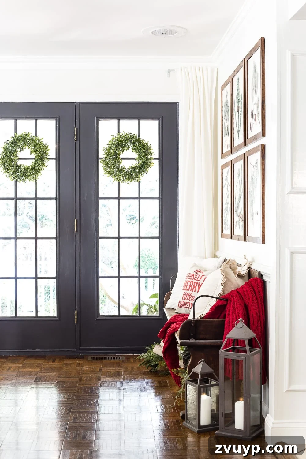 Snow-Kissed Botanical Gallery Prints 9 Festive Entryway with Greenery, Bench, and Free Botanical Prints