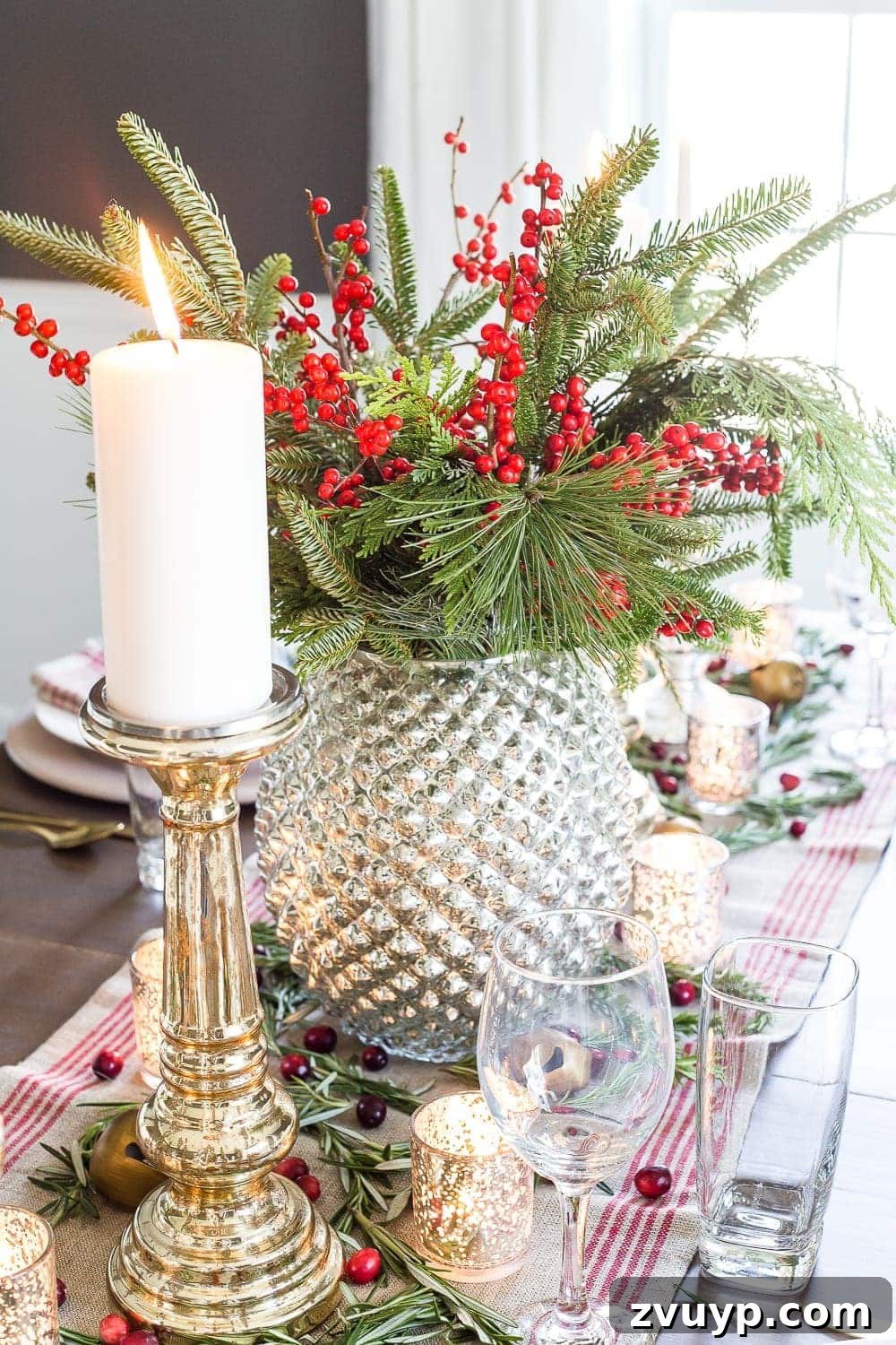 Mercury Glass Magic: A Christmas Tablescape 11 Mercury Glass Christmas Tablescape | blesserhouse.com - How to set up a vintage glam mercury glass Christmas tablescape with tips and sources for how to do it on a budget. #christmasdecor #christmastablescape #holidaydecor #christmasdiningroom