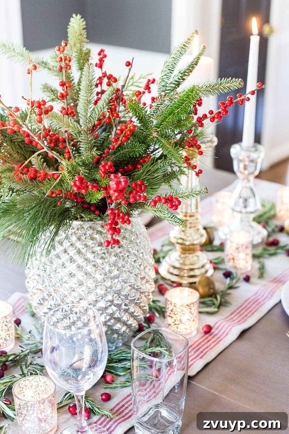 Mercury Glass Magic: A Christmas Tablescape 5 Mercury Glass Christmas Tablescape | blesserhouse.com - How to set up a vintage glam mercury glass Christmas tablescape with tips and sources for how to do it on a budget. #christmasdecor #christmastablescape #holidaydecor #christmasdiningroom