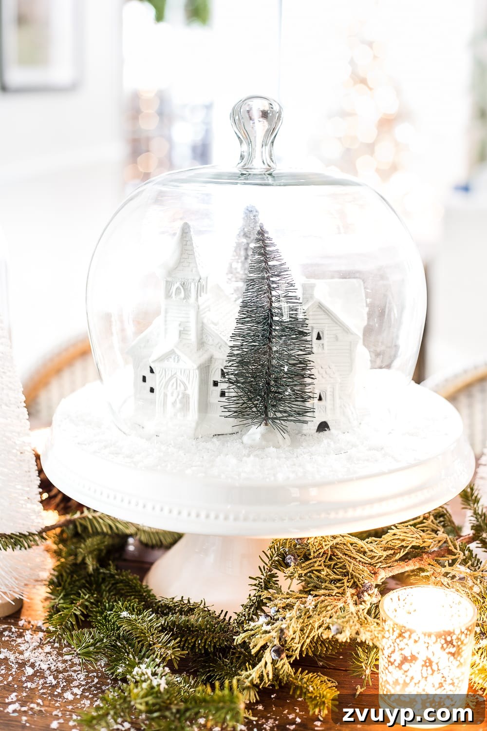 Yuletide Village Snow Globe Showpiece 8 Overhead view of a beautiful Christmas village snow globe centerpiece, perfect for holiday tablescapes. #TableDecor #ChristmasIdeas