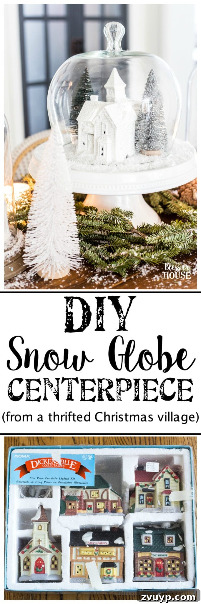 Yuletide Village Snow Globe Showpiece 10 Pin this DIY tutorial: How to make a beautiful Christmas village snow globe centerpiece from thrift store finds. #PinterestDIY #CraftInspiration
