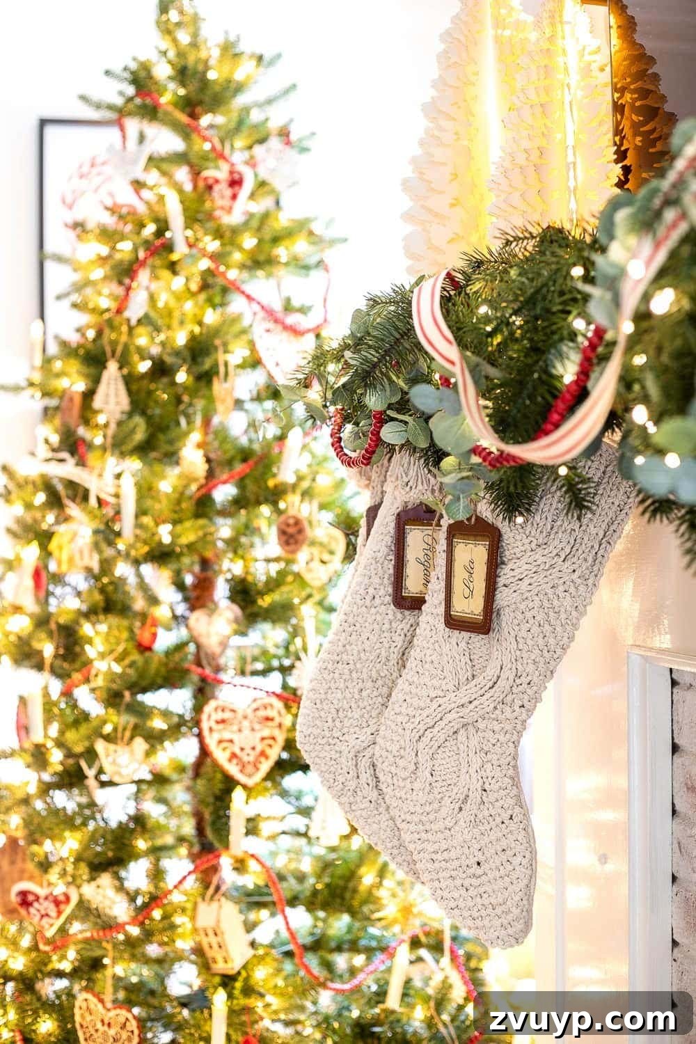 Easy DIY Personalized Printable Stocking Tags 9 cable knit stockings with luggage tag name tags