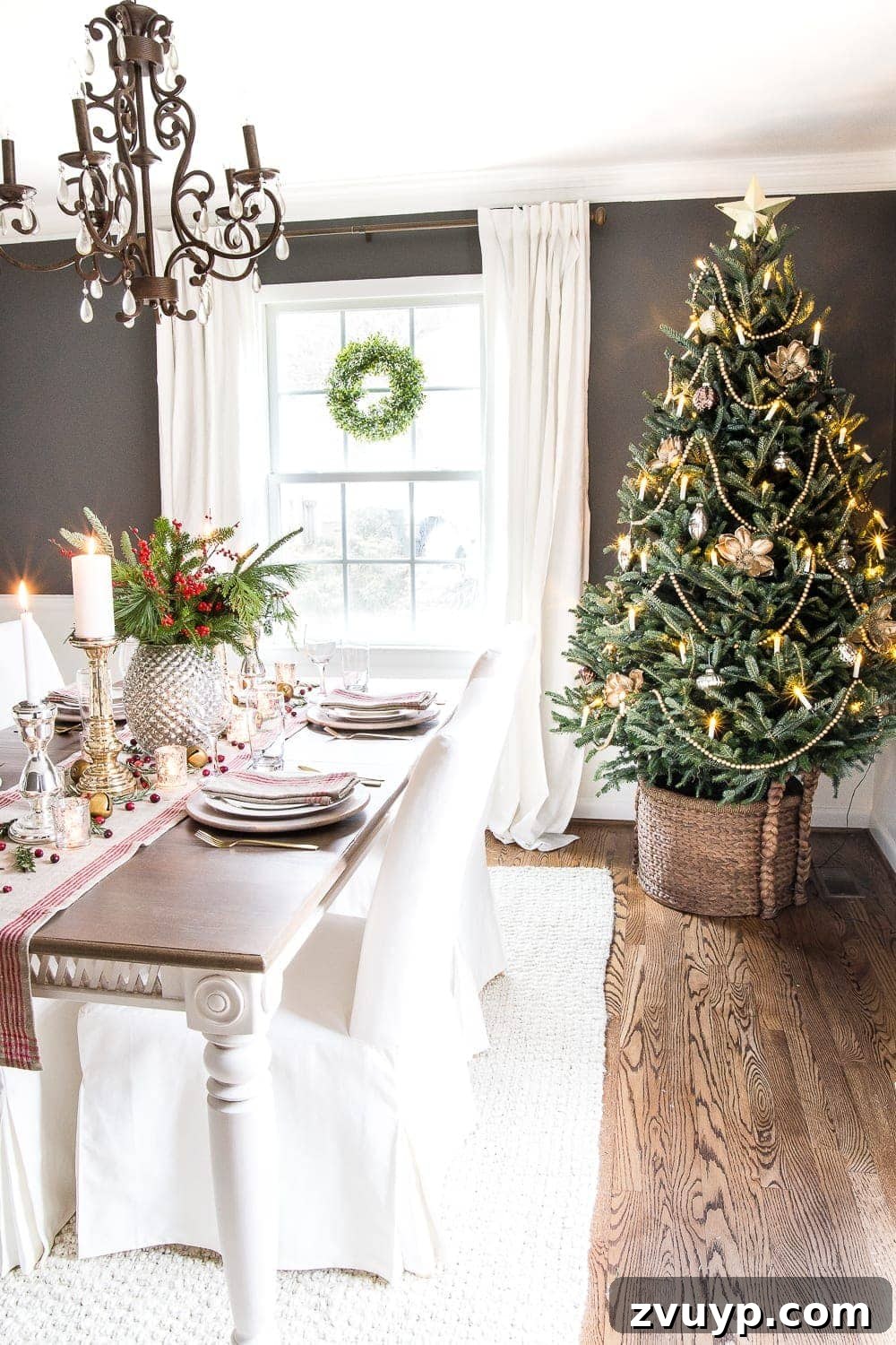 Craft Your Perfect Tree: A Step-by-Step Real Christmas Tree Decorating Guide 14 dining room with decorated real Christmas tree