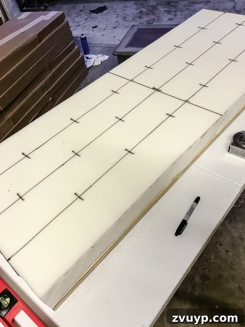 From Coffee Table to Ottoman An Easy DIY Transformation 15 Marking Foam for Tufting Grid Lines