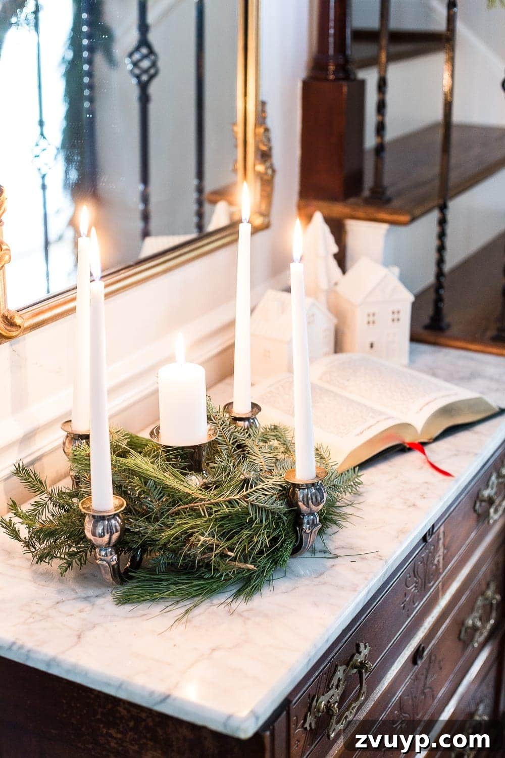 Elegant Yuletide Entry 5 Cozy Classic Christmas Foyer with a traditional Advent wreath centerpiece on an antique chest, surrounded by fresh pine and holly decorations, enhancing the holiday spirit.