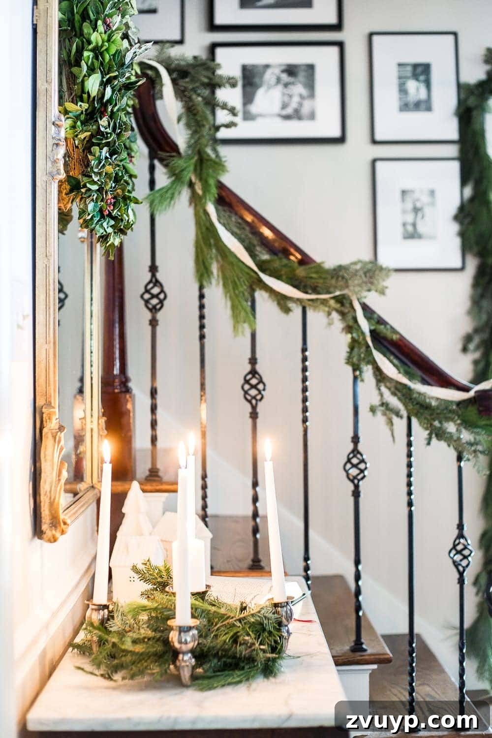 Elegant Yuletide Entry 6 Close-up of a St. Lucia Day Advent Wreath in a classic Christmas foyer, featuring lit candles and fresh evergreen clippings, symbolizing peace and remembrance.