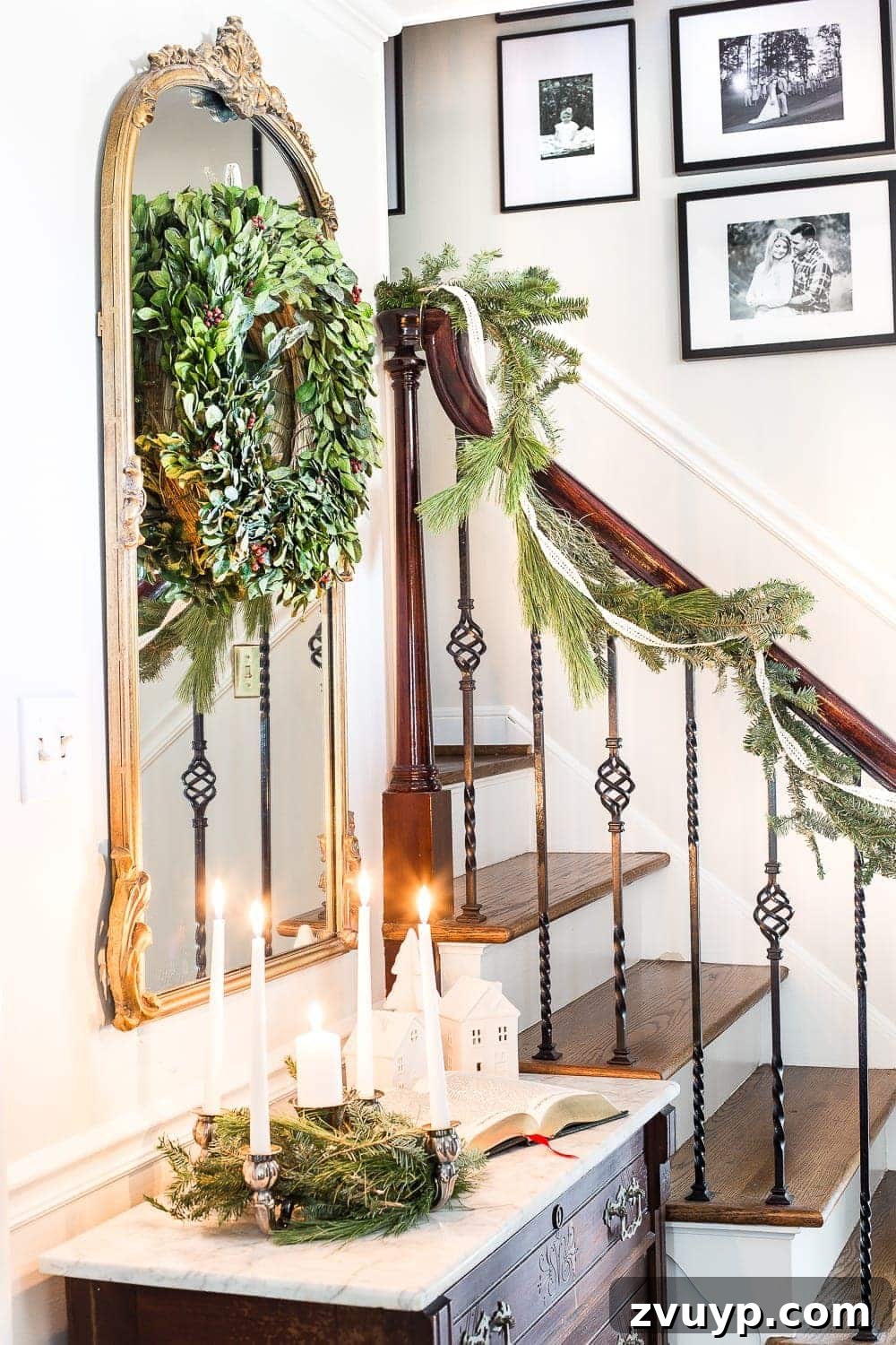 Elegant Yuletide Entry 7 Inviting Classic Christmas Foyer with a view of the front door, showcasing a festive rug, antique furniture, and subtle holiday decorations.