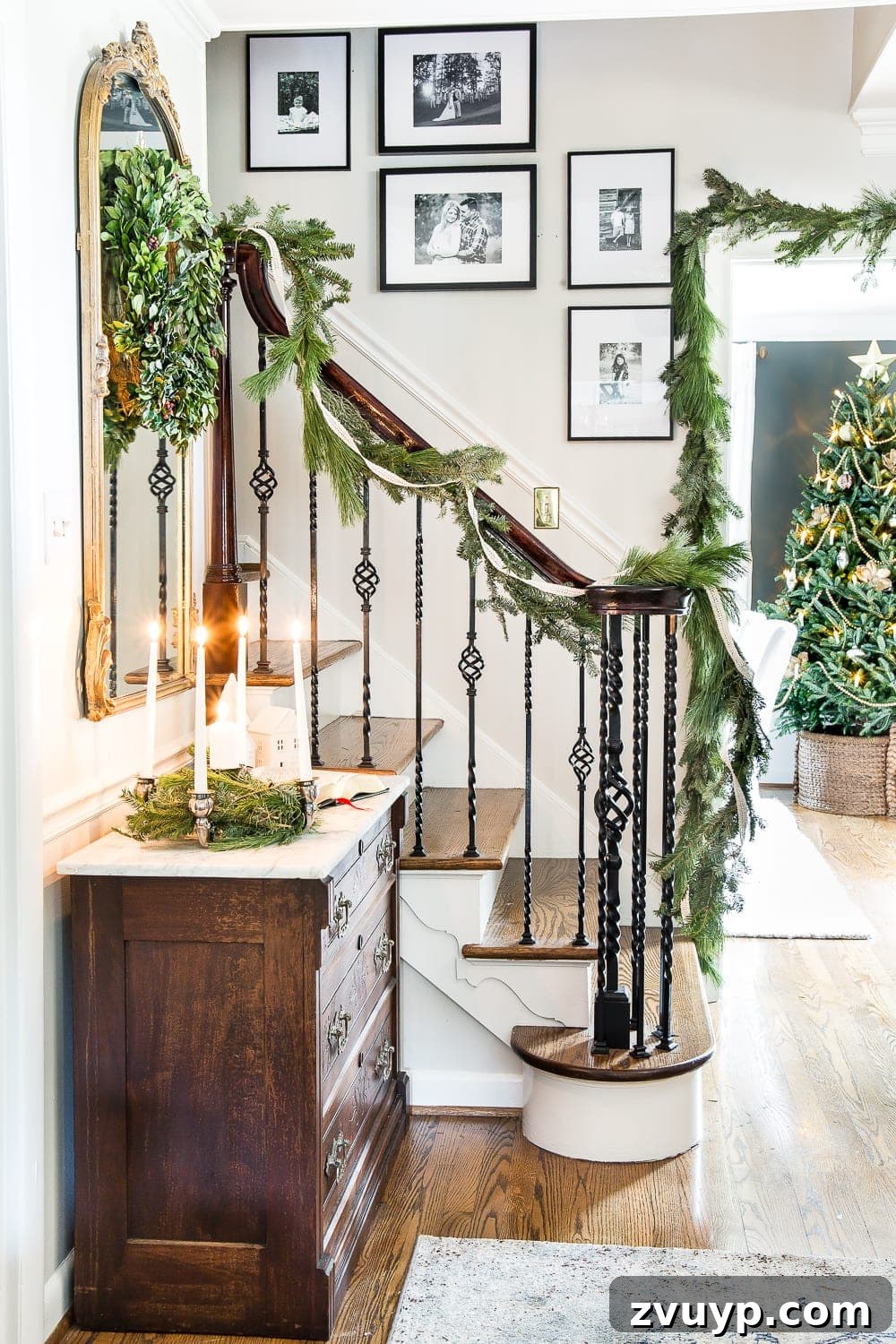 Elegant Yuletide Entry 8 Welcoming Classic Christmas Foyer decorated with traditional holiday elements, including a vintage rug, fresh garland, and timeless furniture, creating a warm ambiance.