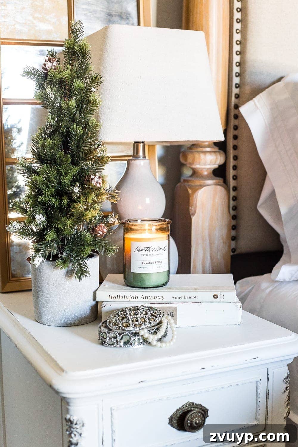 Cozy Blue and Neutral Christmas Sanctuary 6 Cozy Blue and Neutral Christmas Master Bedroom with Seasonal Accents | blesserhouse.com - An overview of a peaceful master bedroom decorated for Christmas and winter, featuring a harmonious blend of blue, neutral, and green elements.
