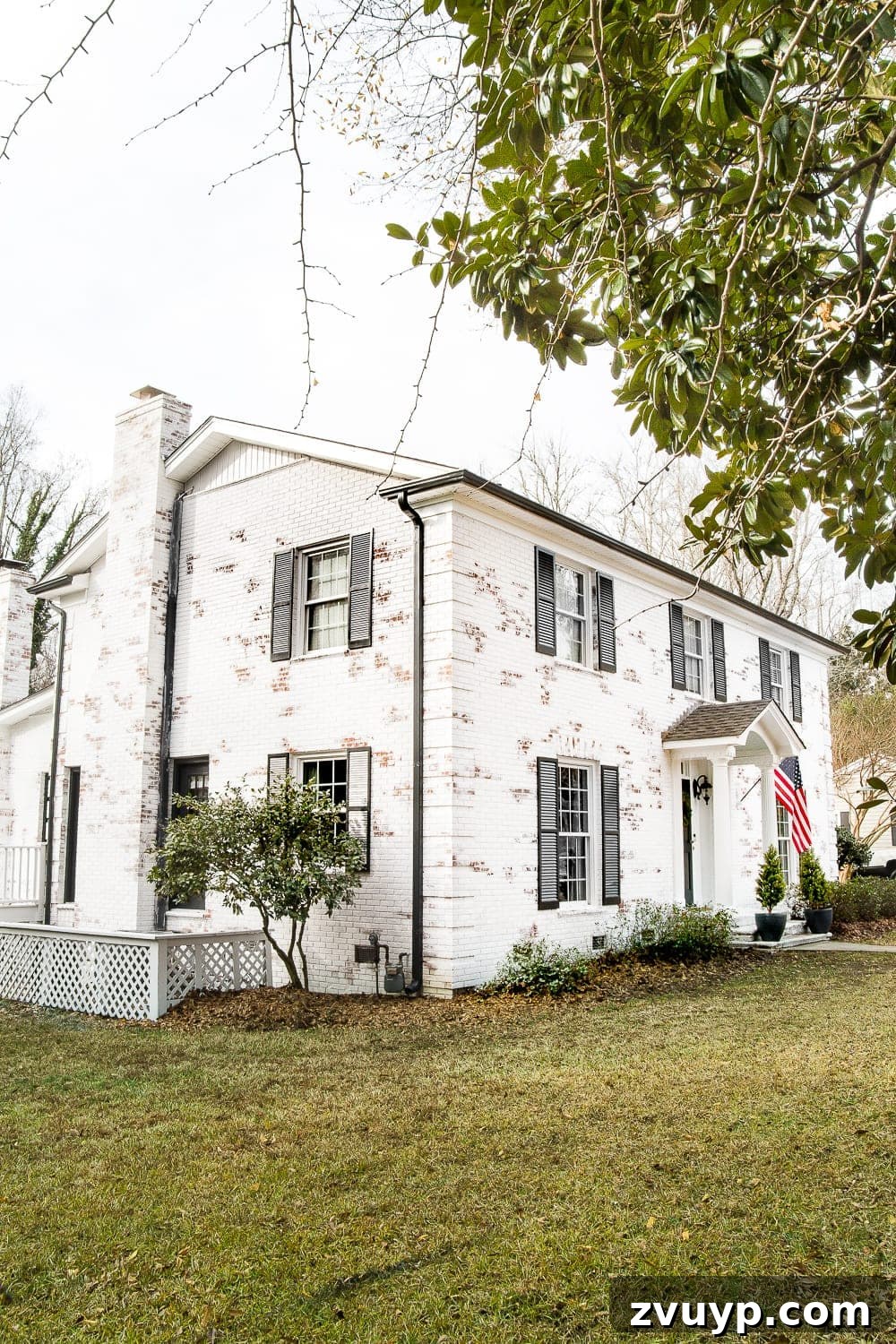 Limewash Magic: Our Brick Exterior Transformed 20 White brick colonial house with black shutters, complemented by a magnolia tree