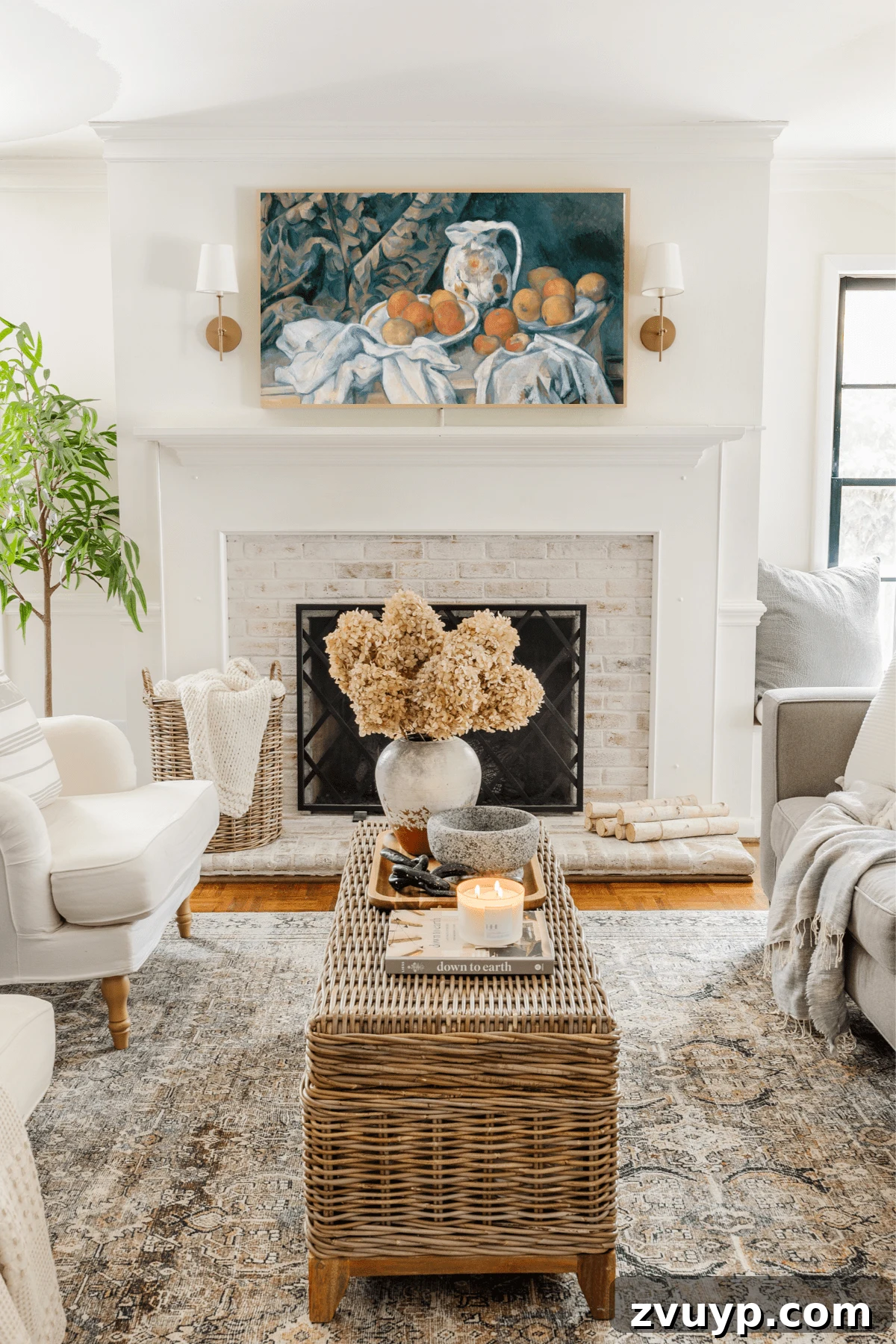 Limewash Magic: Our Brick Exterior Transformed 31 Limewashed fireplace in a living room with a Samsung Frame TV, demonstrating interior application