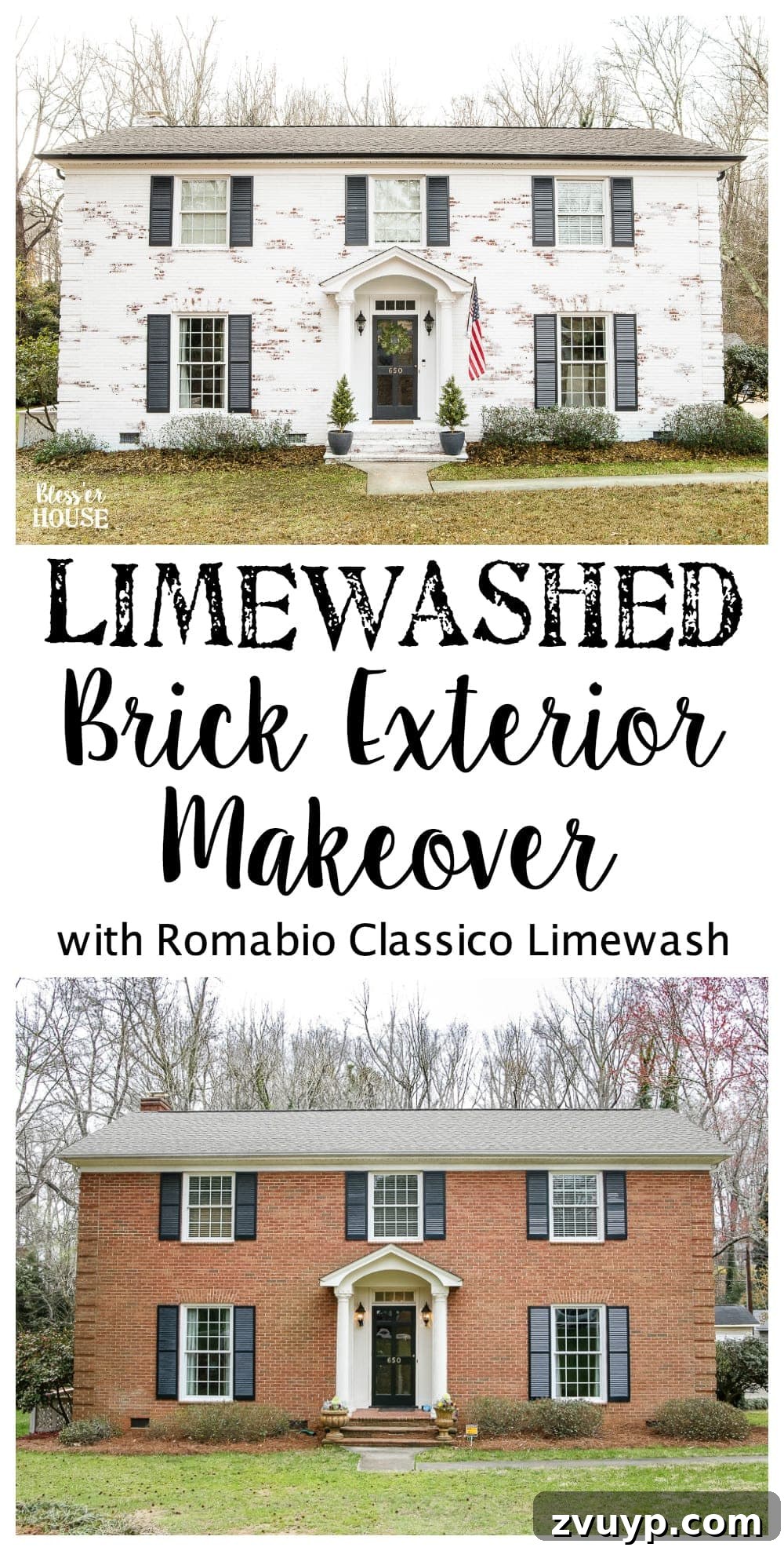 Limewash Magic: Our Brick Exterior Transformed 33 Limewashed Brick Exterior Makeover Reveal | blesserhouse.com - A brick fixer upper colonial house gets a limewashed brick exterior makeover using Romabio Classico Limewash in Bianco White. #limewashedbrick #exteriormakeover #curbappeal #exteriorpaint