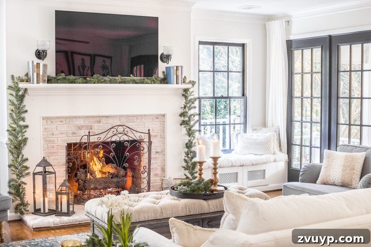 Creating a Cozy Winter Home After Christmas 2 Cozy living room with fireplace, candles, and winter greenery, embodying Hygge after Christmas decor.