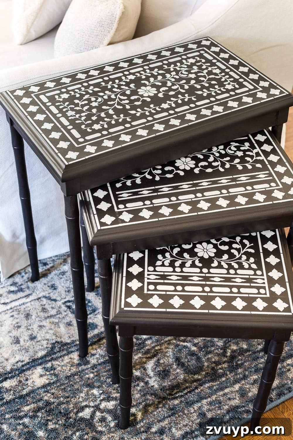 Faux Bone Inlay Nesting Table Revival 11 Close-Up of Faux Bone Inlay Stenciled Detail on Nesting Tables