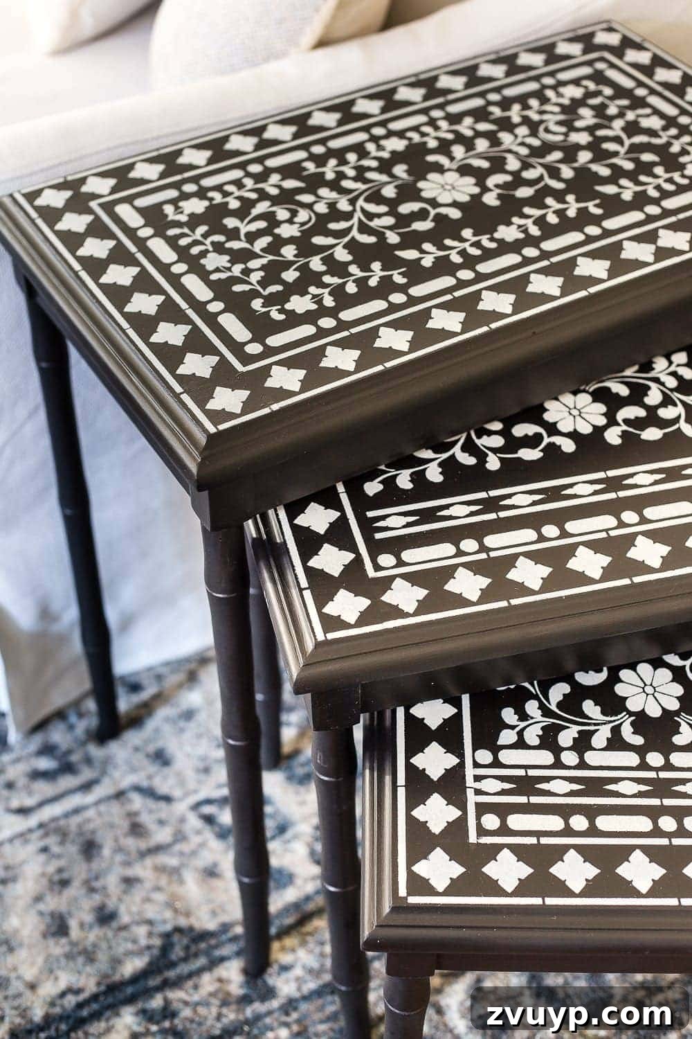 Faux Bone Inlay Nesting Table Revival 12 Versatile Faux Bone Inlay Nesting Tables in a Living Room Setting
