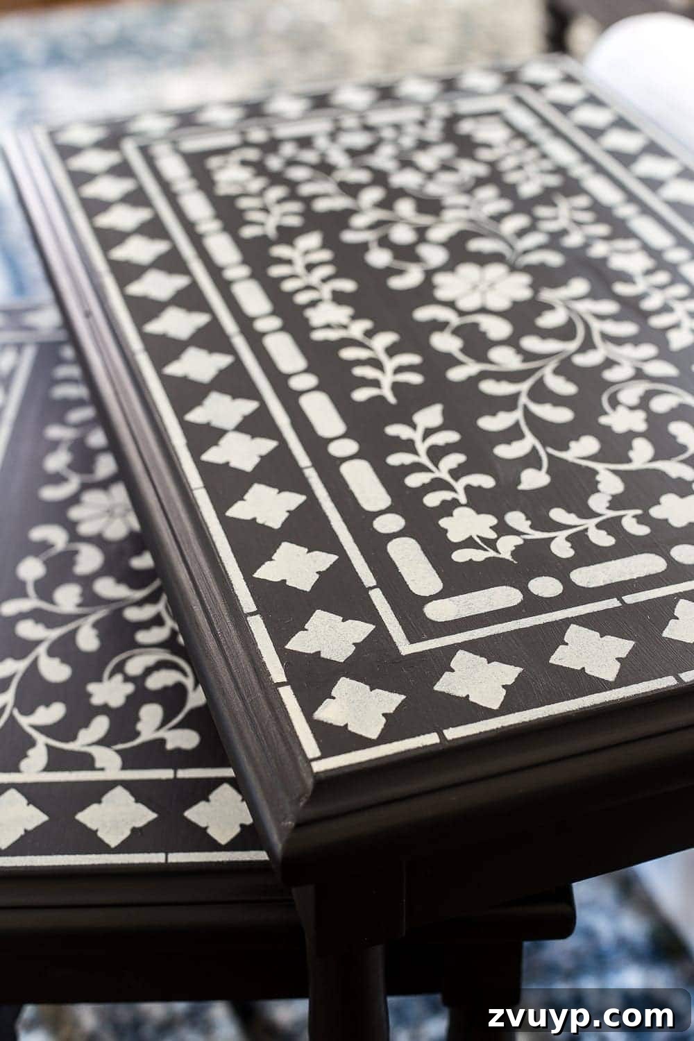 Faux Bone Inlay Nesting Table Revival 9 Final Touch-Ups with Small Artist Brush for Faux Bone Inlay Effect
