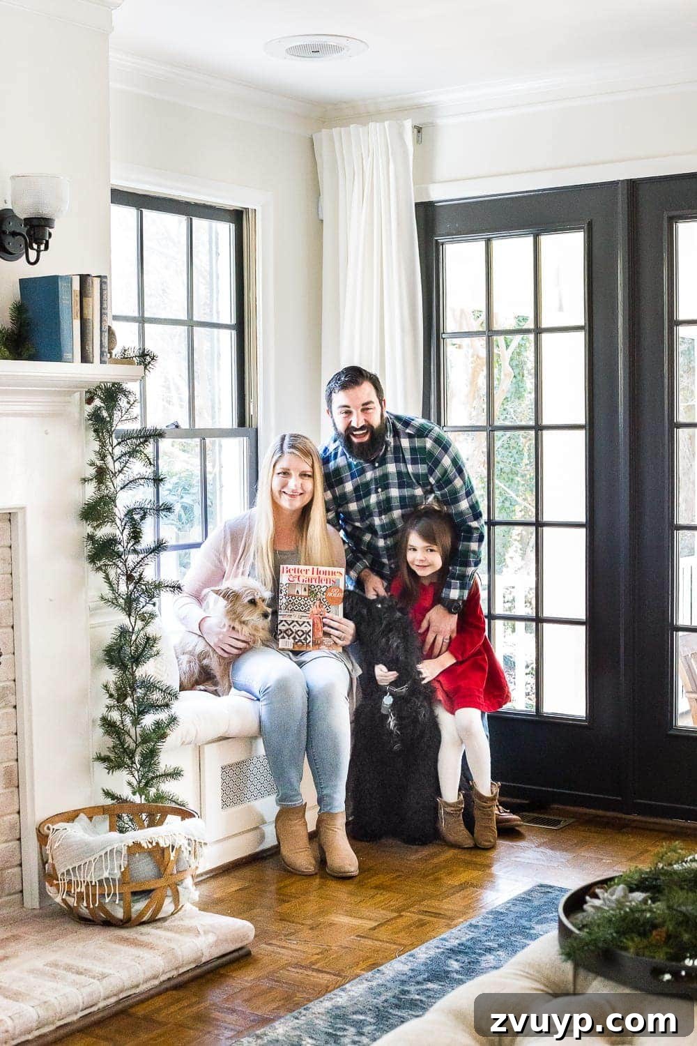 Curating Dream Homes for Publication 10 Family photo on a DIY window seat with baby Olivia and dogs Lola and Stella