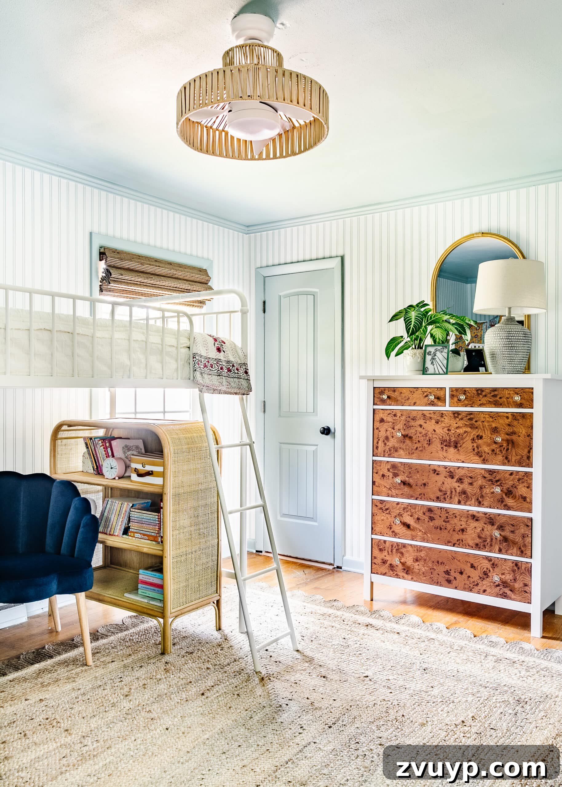 Bright Ideas: Affordable Kids' Ceiling Lights 8 boho fandelier caged fan with jute rope in a bunk room, ideal for safety and style