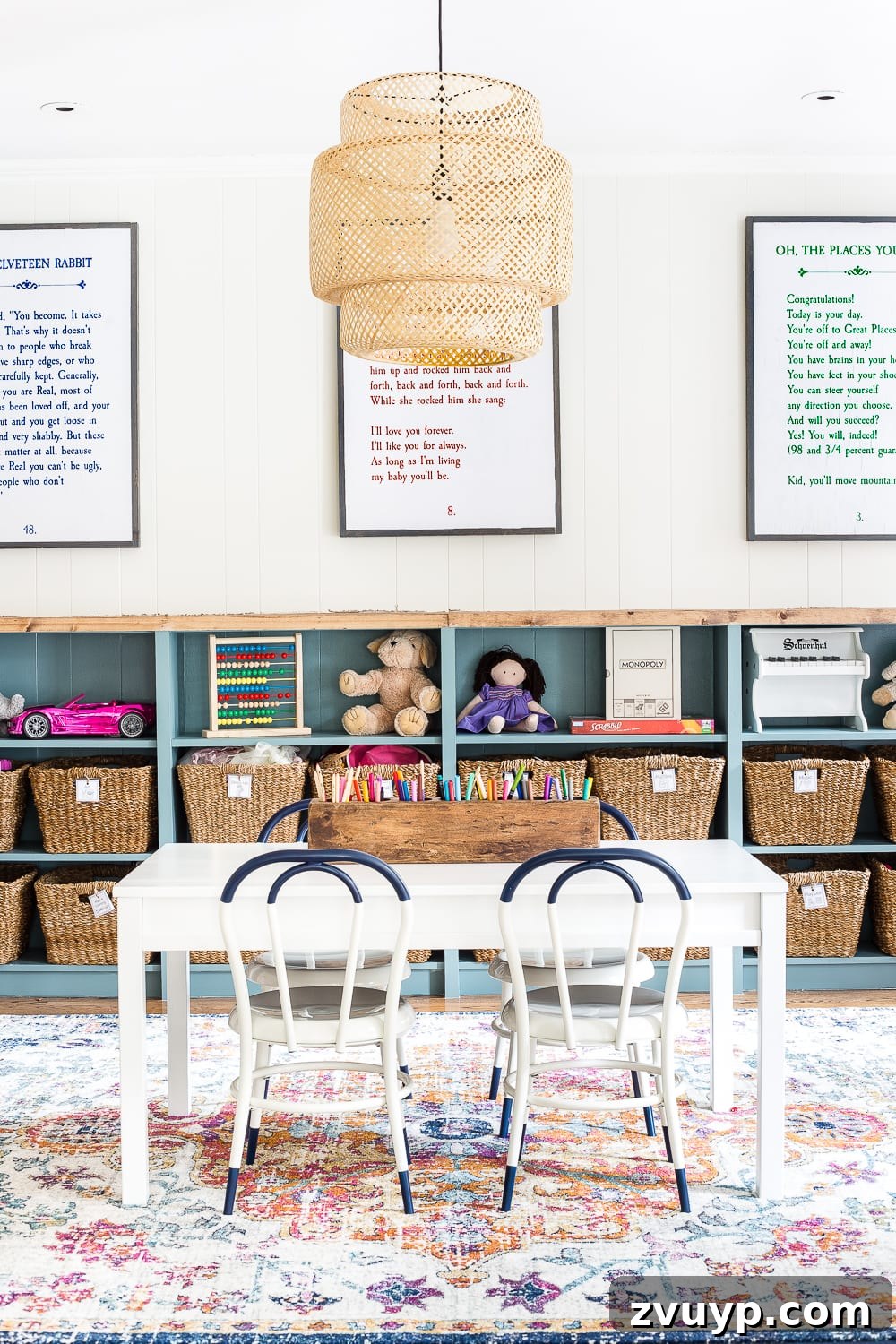 Playroom Glow Up: Fresh Lights and Furnishings 7 Miniature French bistro chairs paired with a white play table, offering durable and stylish seating for kids in a modern playroom.
