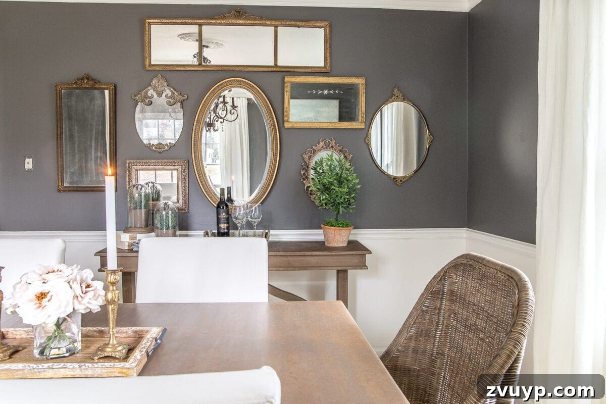 Thrifted Frames, Sparkling Reflections Gallery 5 A couple of tricks for hanging the perfect mirror gallery wall plus ideas for a traditional meets modern eclectic dining room. #diningroom #gallerywall #walldecor #mirrors