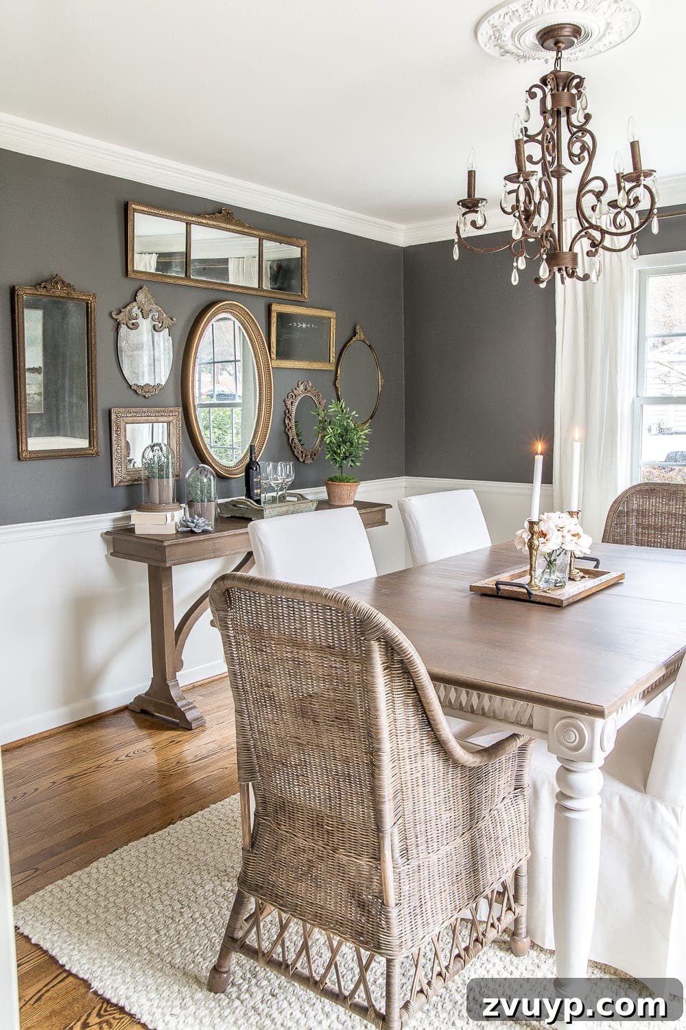 Thrifted Frames, Sparkling Reflections Gallery 6 A couple of tricks for hanging the perfect mirror gallery wall plus ideas for a traditional meets modern eclectic dining room. #diningroom #gallerywall #walldecor #mirrors