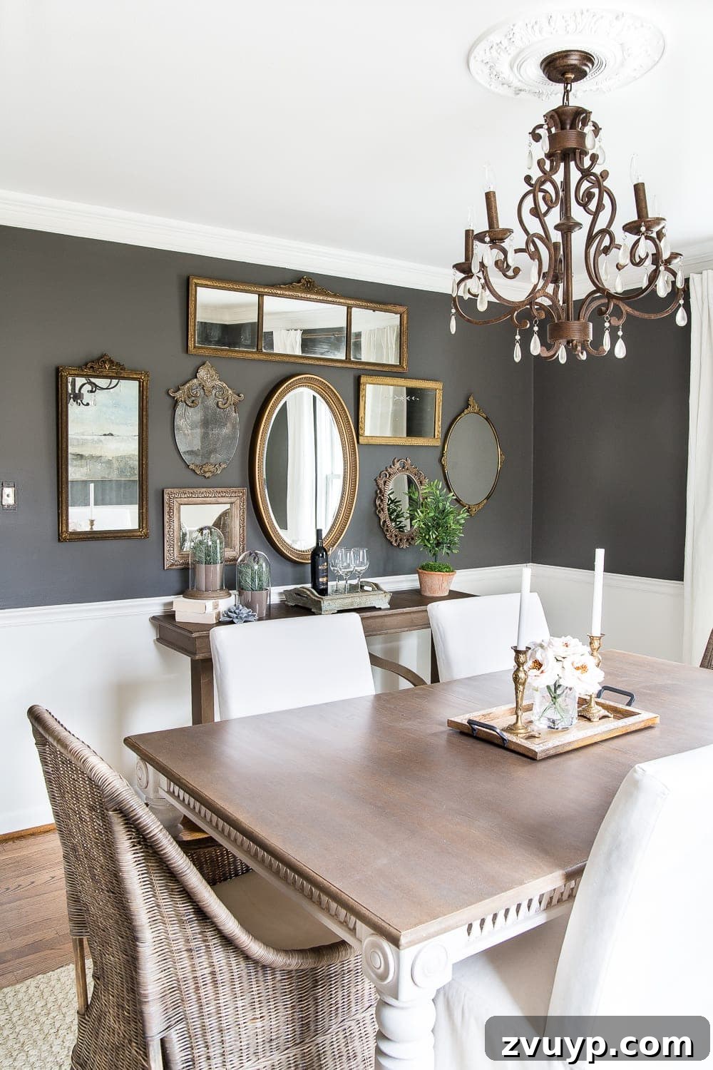 Thrifted Frames, Sparkling Reflections Gallery 7 A couple of tricks for hanging the perfect mirror gallery wall plus ideas for a traditional meets modern eclectic dining room. #diningroom #gallerywall #walldecor #mirrors