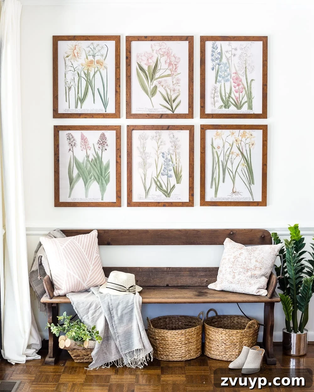 Vibrant Spring Botanical Gallery Prints 5 Framed spring botanical art prints displayed on a charming bench