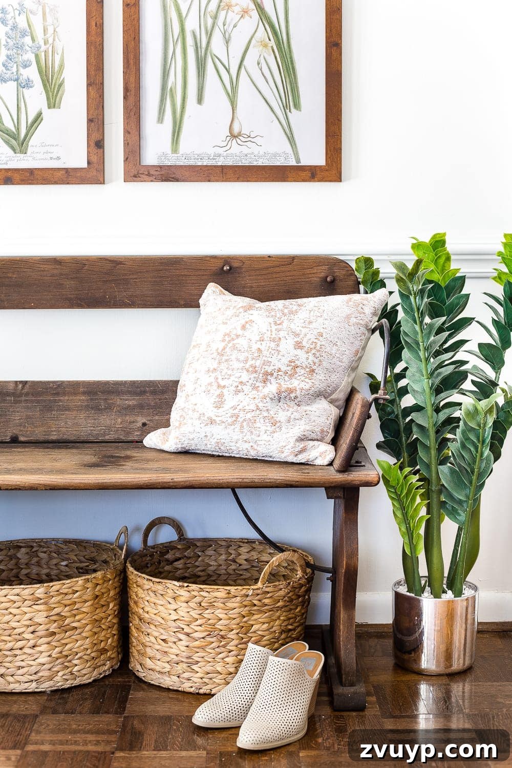 Vibrant Spring Botanical Gallery Prints 6 Elegant spring botanical prints adorning a cozy entryway bench