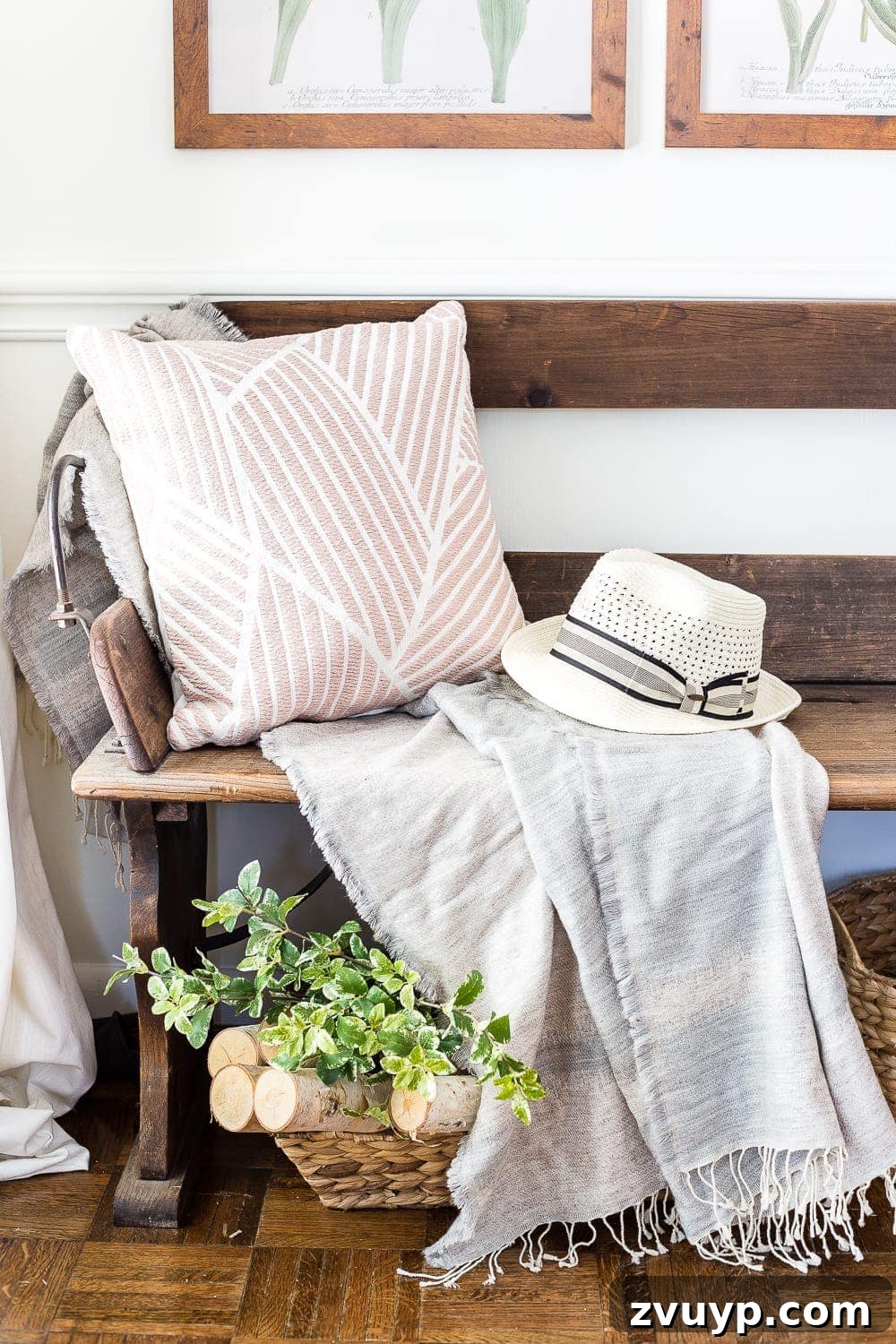 Vibrant Spring Botanical Gallery Prints 7 Close up of spring decor featuring botanical prints and soft pink pillows