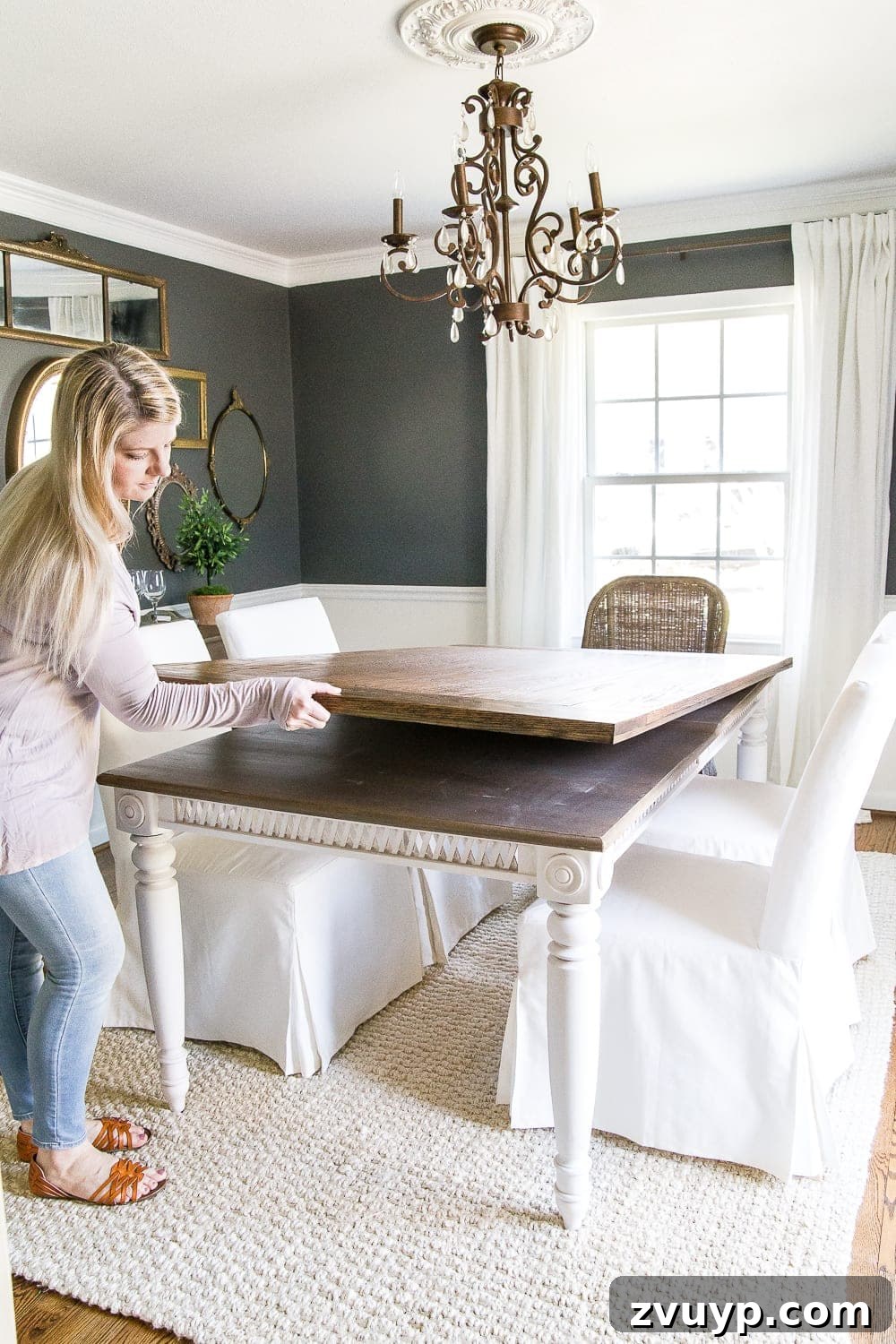 Revamping Your Dining Table Top 27 A tutorial for how to build a retrofitted table top to fit over any existing table using Minwax Dark Walnut stain. #build #furniturebuilding #tabletop #diningtable #diytable #farmhousetable #diyfurniture #woodworking #furnituremakeover #tablemakeover #minwax #woodstain #walnut