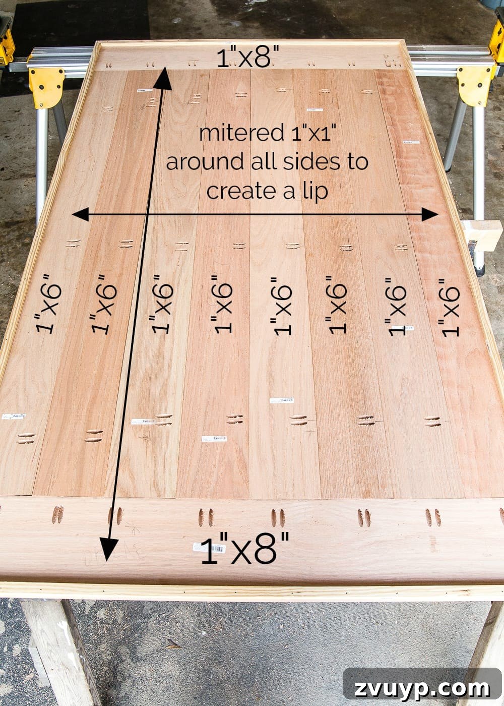 Revamping Your Dining Table Top 4 A tutorial for how to build a retrofitted table top to fit over any existing table using Minwax Dark Walnut stain. #build #furniturebuilding #tabletop #diningtable #diytable #farmhousetable #diyfurniture #woodworking #furnituremakeover #tablemakeover #minwax #woodstain #walnut